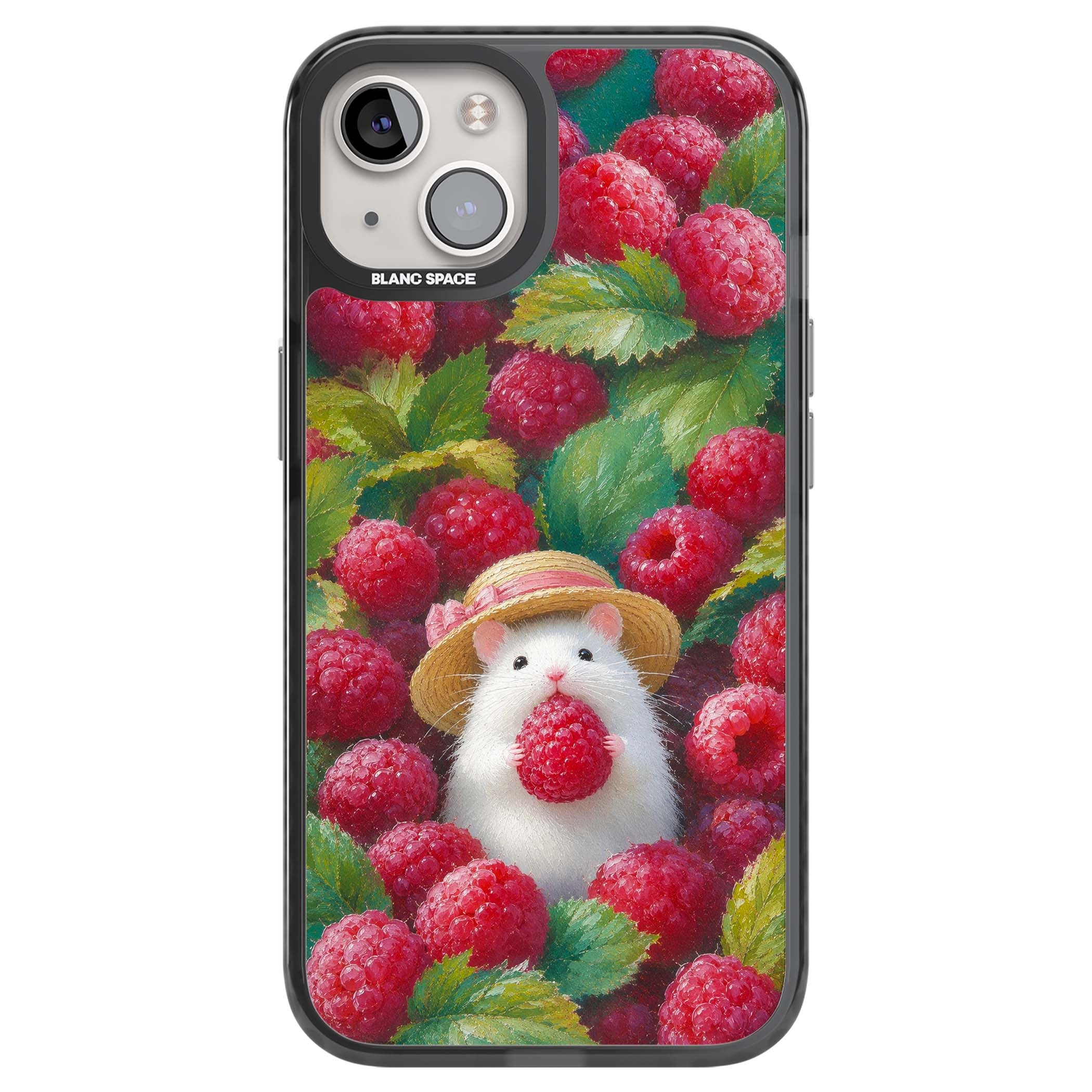 Berry Forager cottagecore iPhone case featuring a white hamster in a straw hat holding a raspberry surrounded by ripe ber | Black Impact case for iPhone 13, iPhone 14, iPhone 15