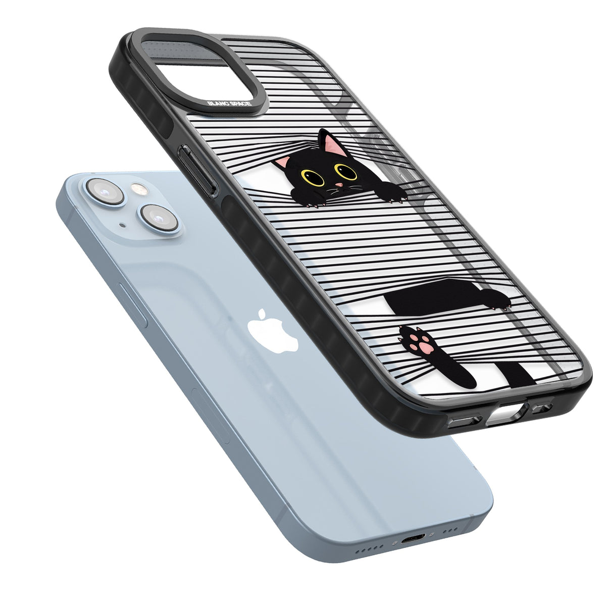 Peek-a-Boo Cat iPhone 12 / 12 Pro / iPhone 13 / iPhone 14 / iPhone 14 Plus / iPhone 15 / iPhone 15 Plus Impact Black Phone Case angled