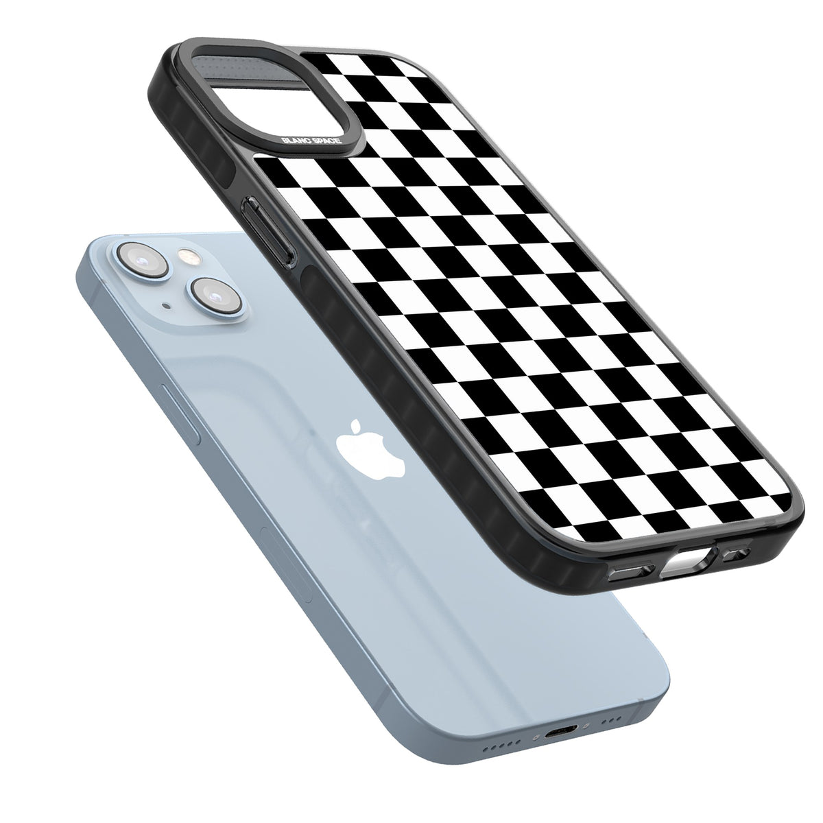 Checkerboard iPhone 12 / 12 Pro / iPhone 13 / iPhone 14 / iPhone 14 Plus / iPhone 15 / iPhone 15 Plus Impact Black Phone Case angled