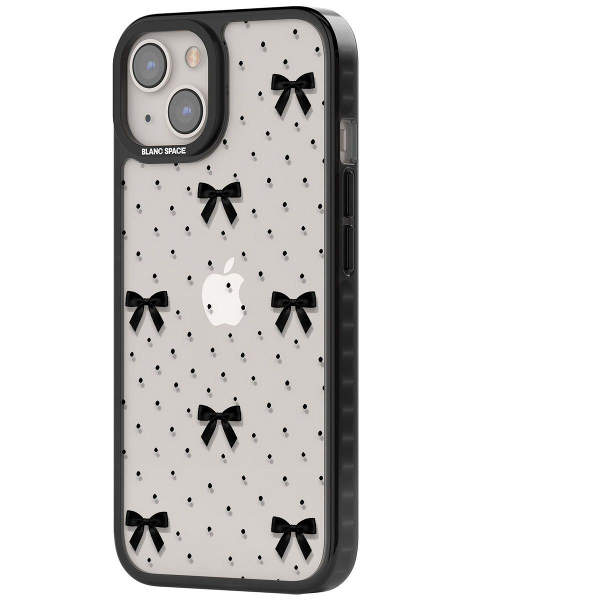 Black Polka Bows iPhone 12 / 12 Pro / iPhone 13 / iPhone 14 / iPhone 14 Plus / iPhone 15 / iPhone 15 Plus Impact Black Phone Case side