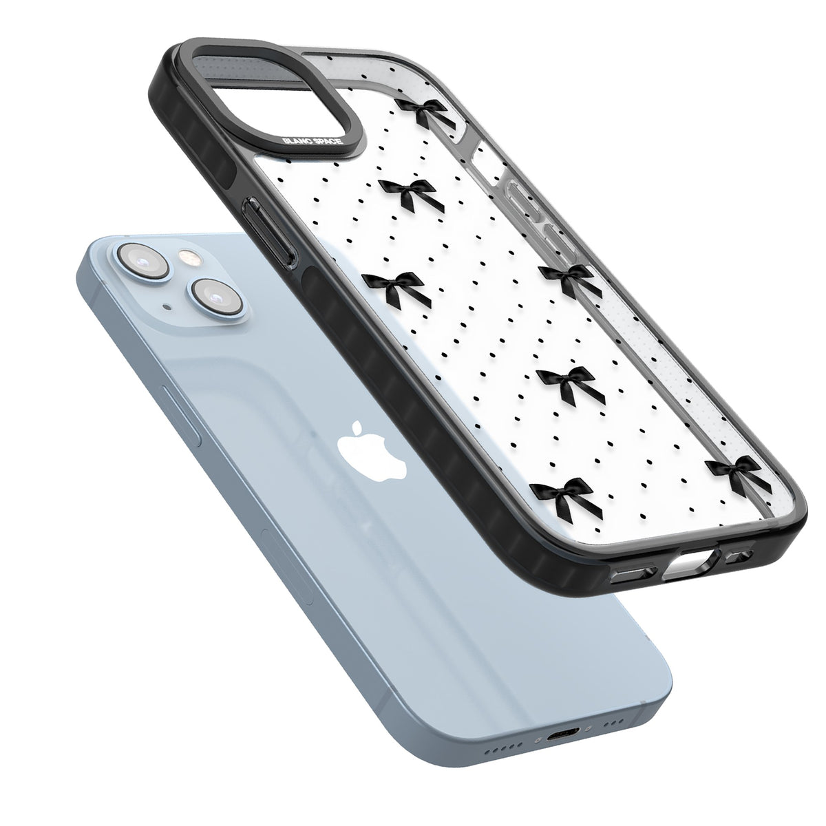 Black Polka Bows iPhone 12 / 12 Pro / iPhone 13 / iPhone 14 / iPhone 14 Plus / iPhone 15 / iPhone 15 Plus Impact Black Phone Case angled