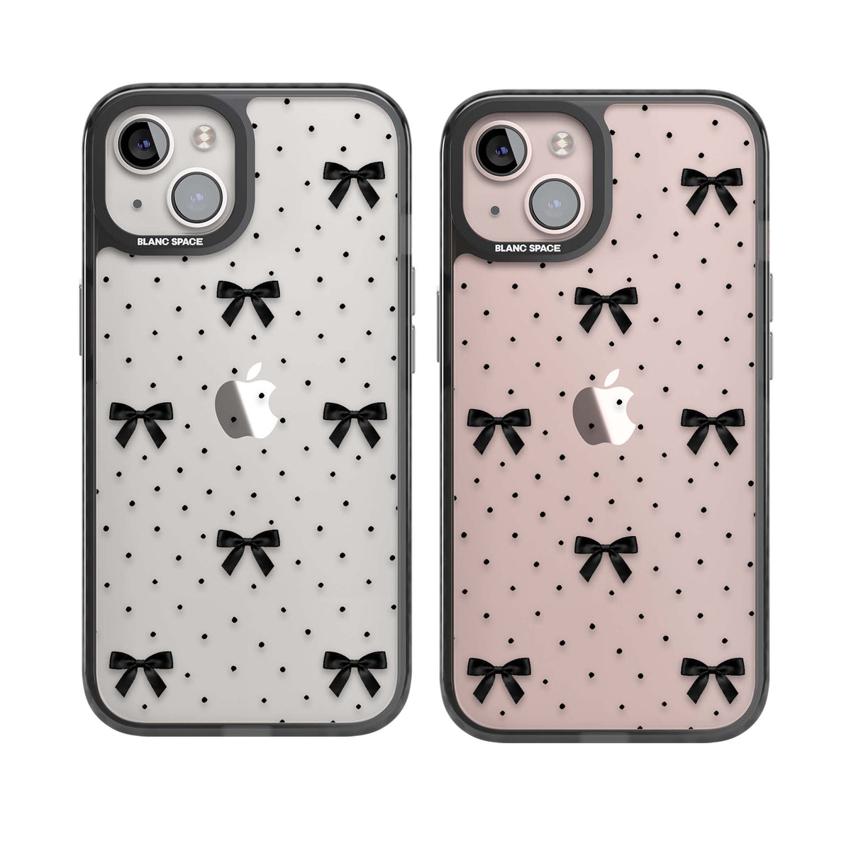 Black Polka Bows coquette iPhone case featuring scattered black satin bows and tiny polka dots on a clear base | Black Impact case for iPhone 13, iPhone 14, iPhone 15