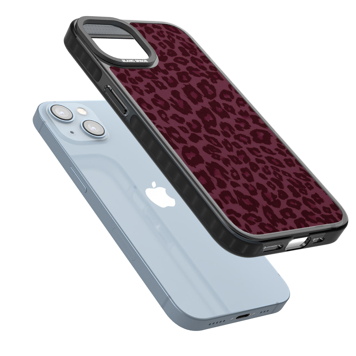 Burgundy Leopard iPhone 12 / 12 Pro / iPhone 13 / iPhone 14 / iPhone 14 Plus / iPhone 15 / iPhone 15 Plus Impact Black Phone Case angled