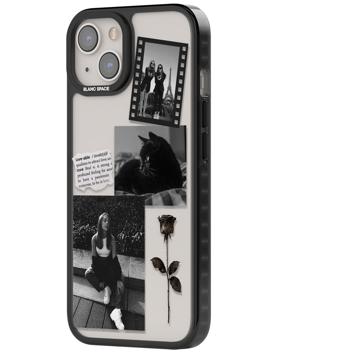 Personalised Black & White Scrapbook Photos iPhone 12 / 12 Pro / iPhone 13 / iPhone 14 / iPhone 14 Plus / iPhone 15 / iPhone 15 Plus Impact Black Phone Case side