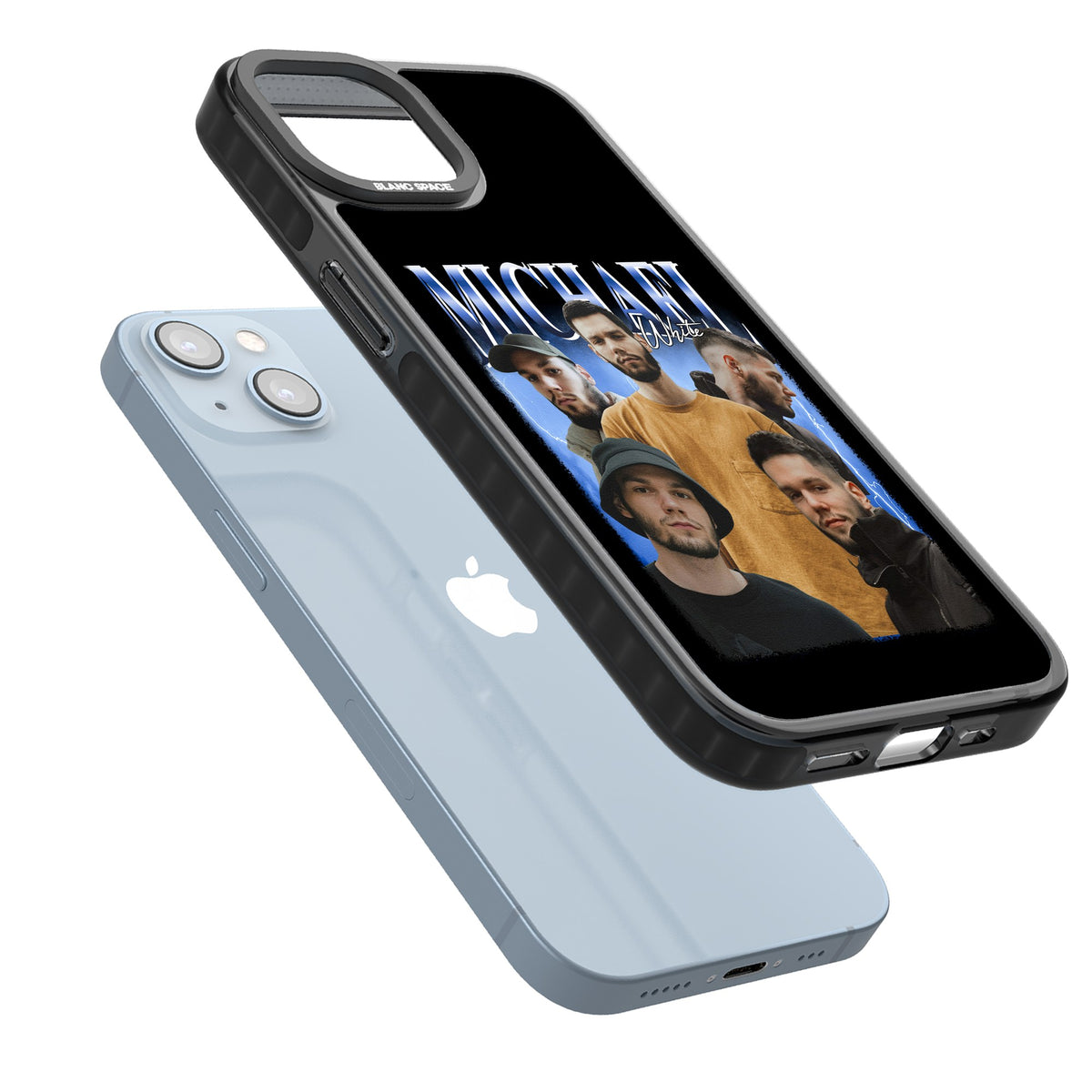 Personalised Airbrush Name & Photo Collage (Blue) iPhone 12 / 12 Pro / iPhone 13 / iPhone 14 / iPhone 14 Plus / iPhone 15 / iPhone 15 Plus Impact Black Phone Case angled