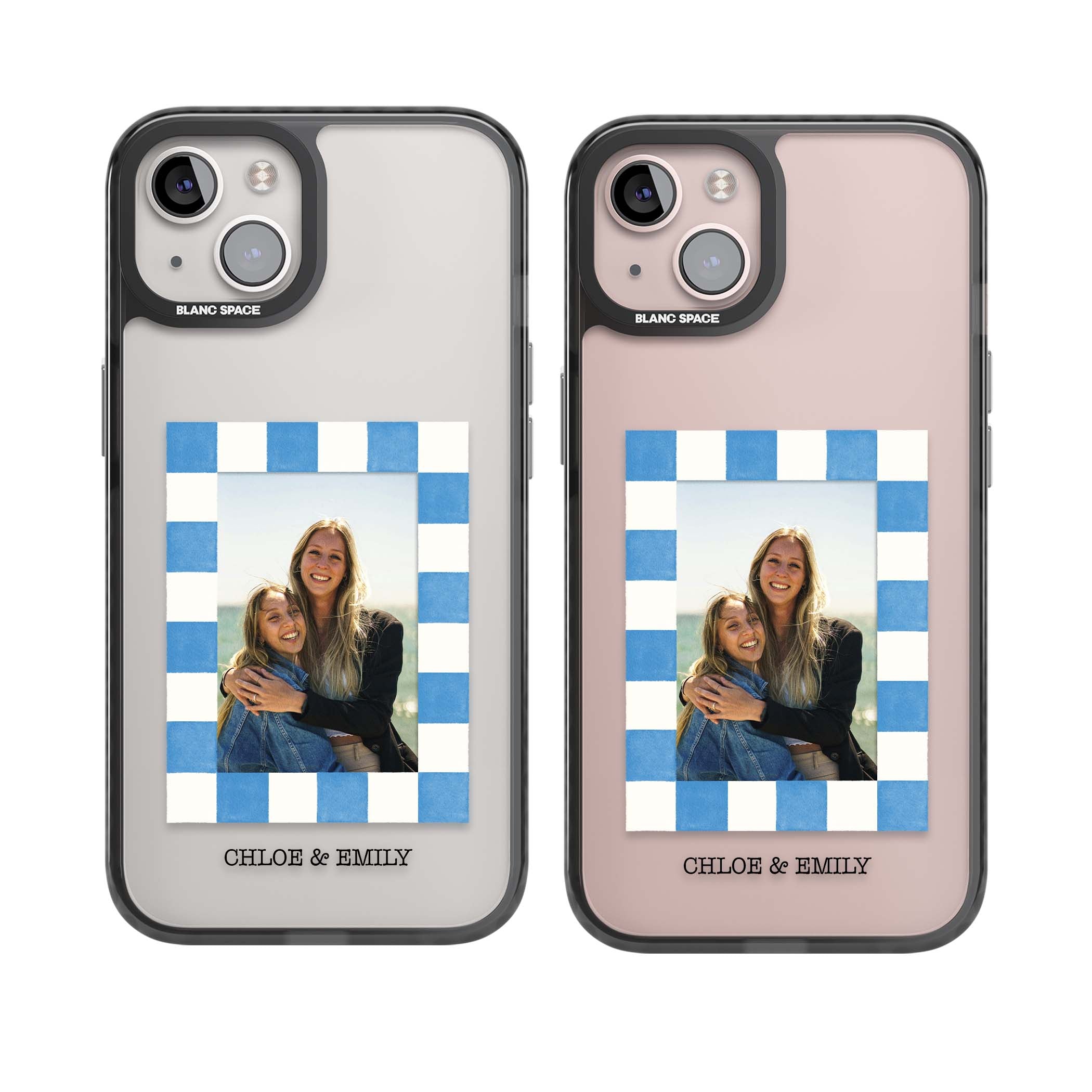 Blue Check Photo personalised photo iPhone case with blue checkered frame and custom couple names | Black Impact case for iPhone 13, iPhone 14, iPhone 15
