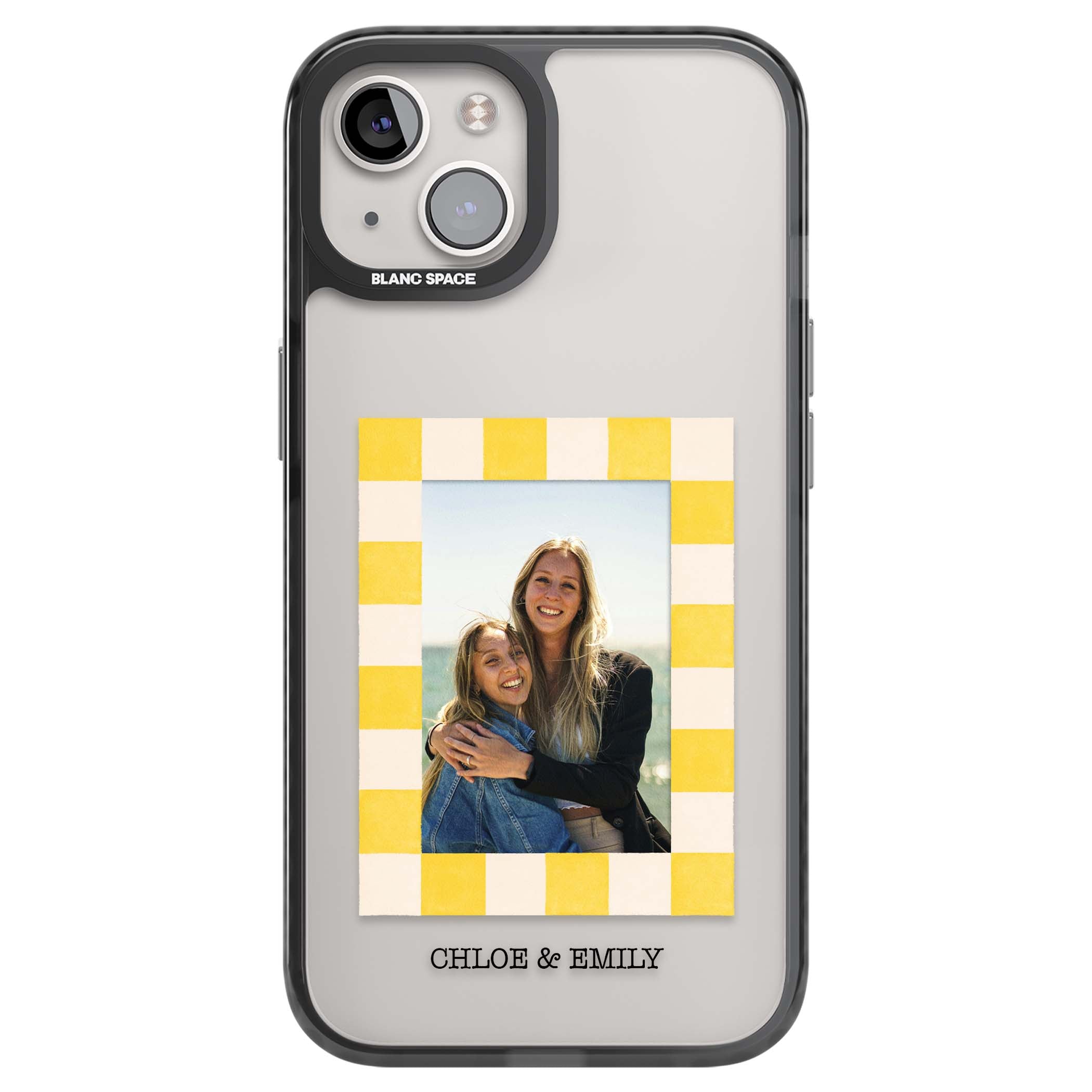 Yellow Check Photo personalised iPhone case with yellow checkered Polaroid frame and custom names beneath | Black Impact case for iPhone 13, iPhone 14, iPhone 15