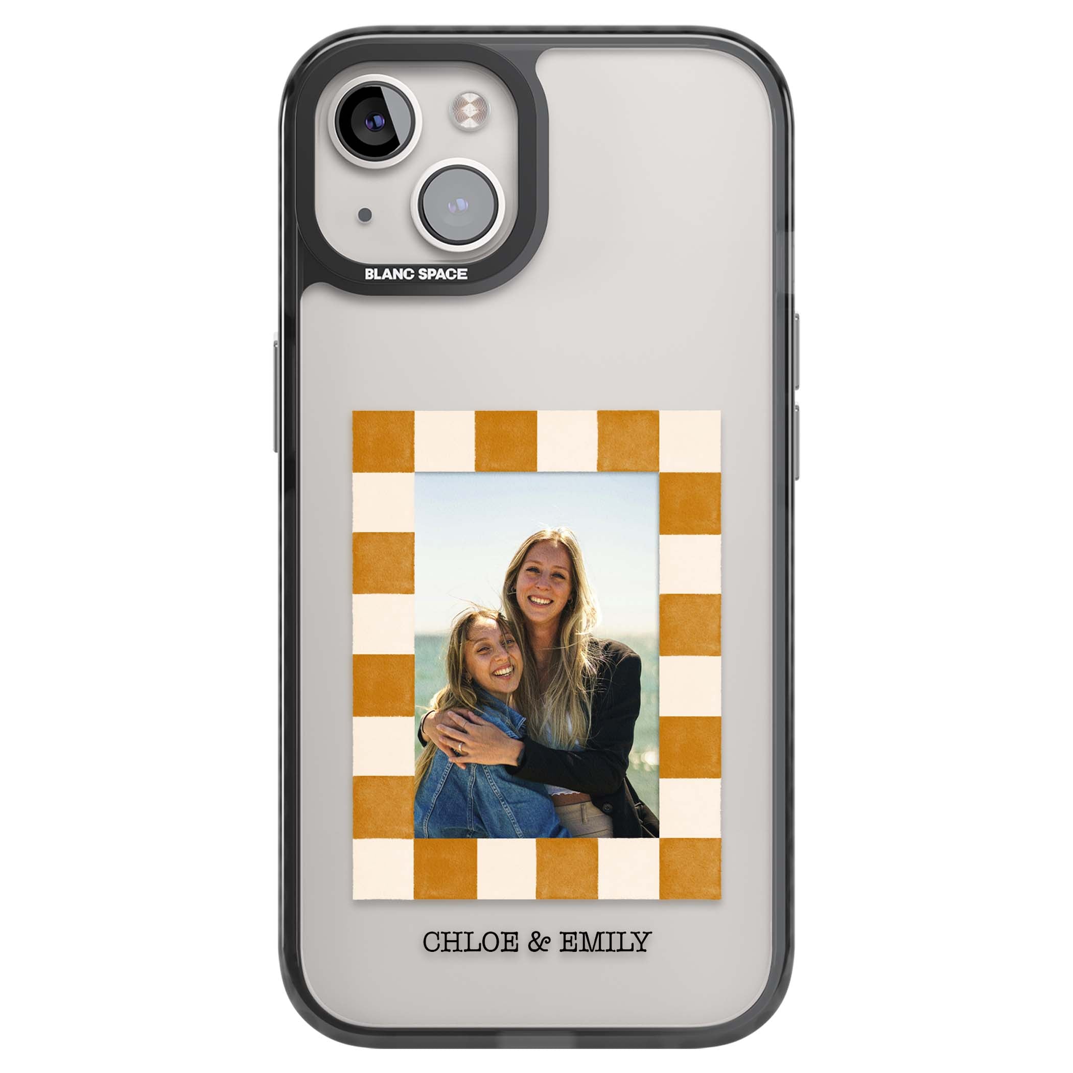 Citrus Check Photo personalised iPhone case with custom photo, orange checkered frame and names underneath | Black Impact case for iPhone 13, iPhone 14, iPhone 15