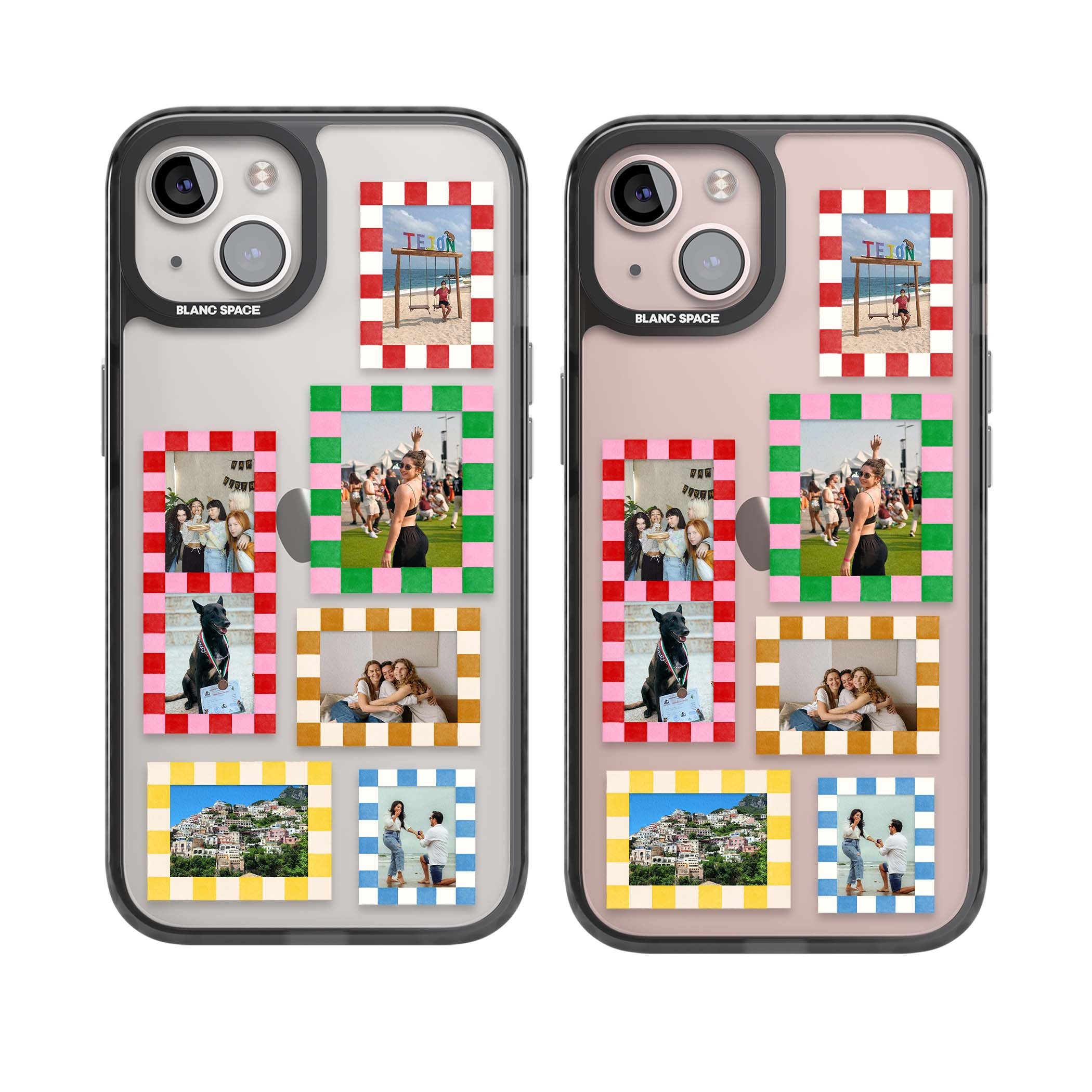 Italian Check Frames custom photo collage iPhone case featuring six checkered photo frames in red, green, pink and  | Black Impact case for iPhone 13, iPhone 14, iPhone 15
