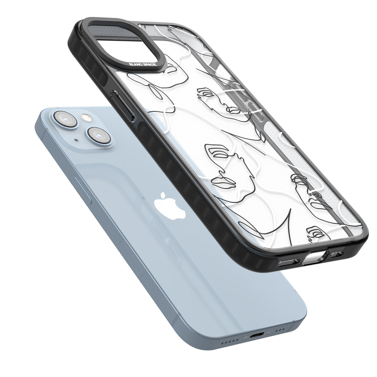 Abstract Faces iPhone 12 / 12 Pro / iPhone 13 / iPhone 14 / iPhone 14 Plus / iPhone 15 / iPhone 15 Plus Impact Black Phone Case angled