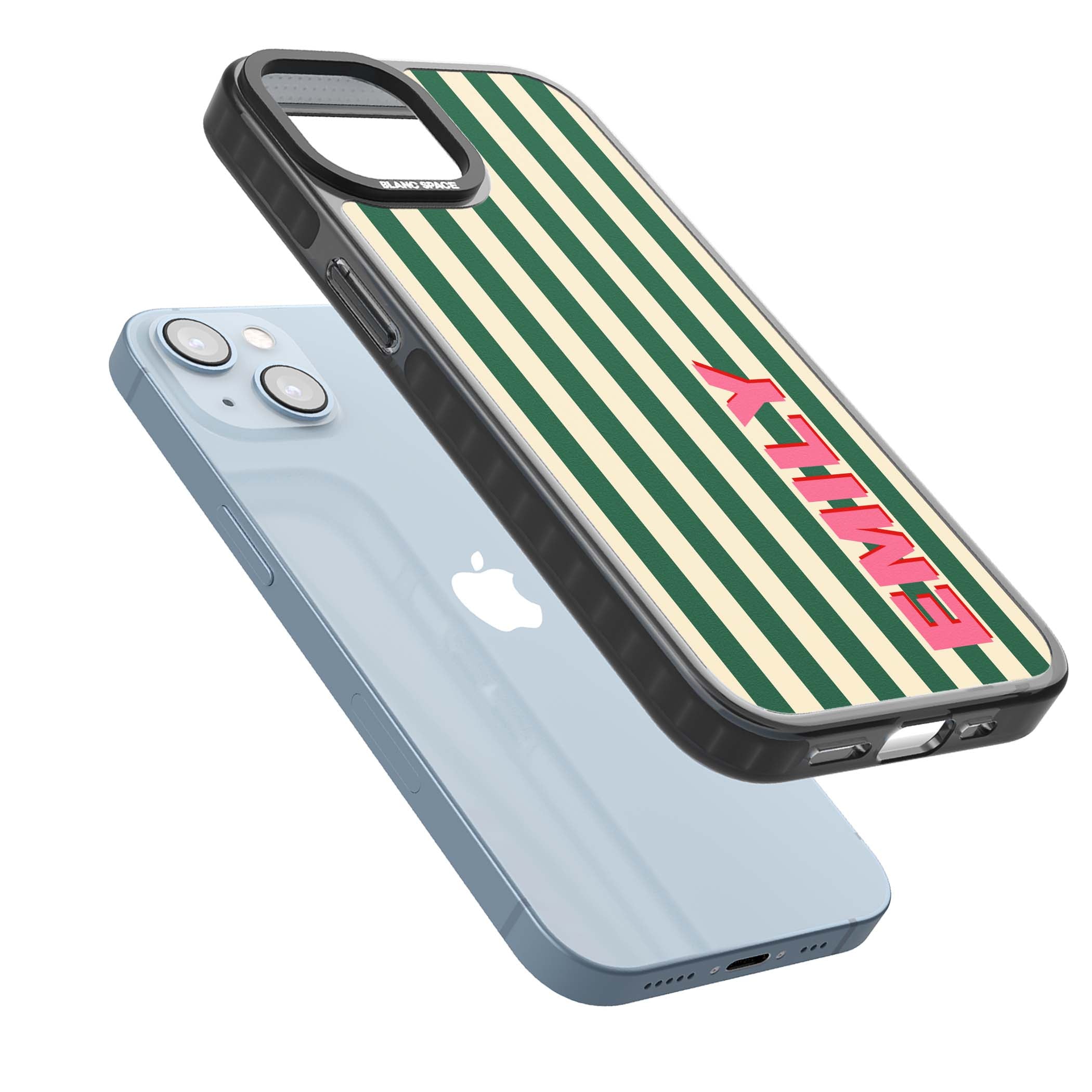 Wimbledon Stripe preppy iPhone case featuring green and cream vertical stripes with a personalised pink name | Black Impact case for iPhone 13, iPhone 14, iPhone 15