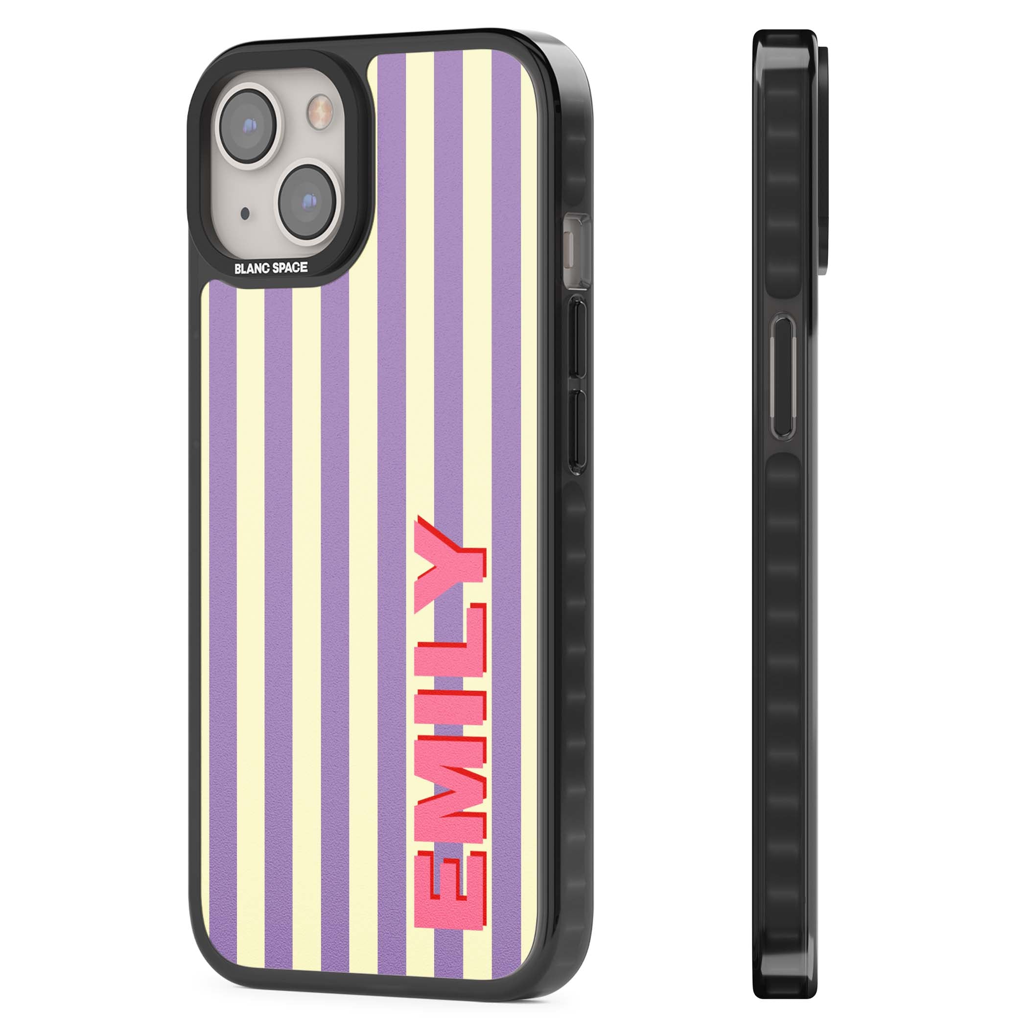 Valensole Stripe personalised iPhone case with purple and cream vertical stripes and pink custom name | Black Impact case for iPhone 13, iPhone 14, iPhone 15