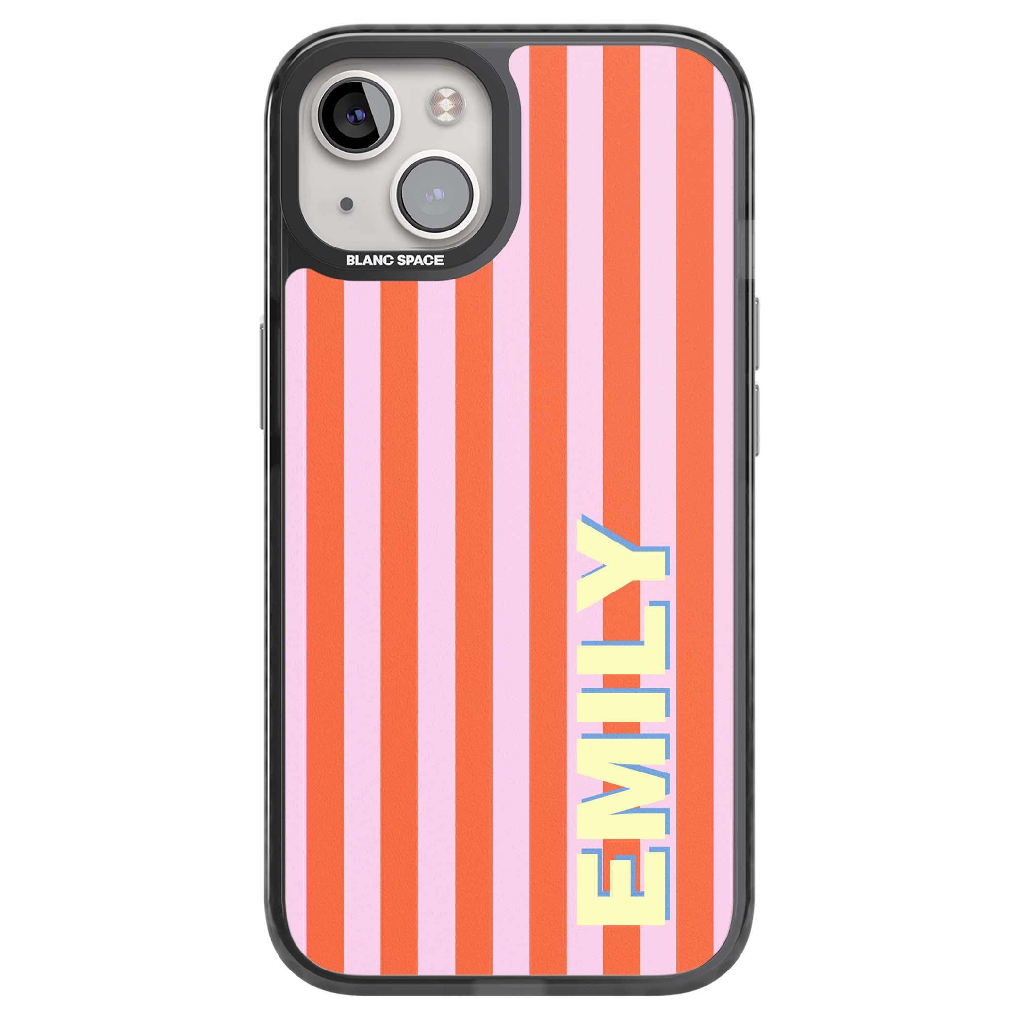 Havana Stripe personalised iPhone case featuring pink and orange vertical stripes with a custom yellow name | Black Impact case for iPhone 13, iPhone 14, iPhone 15