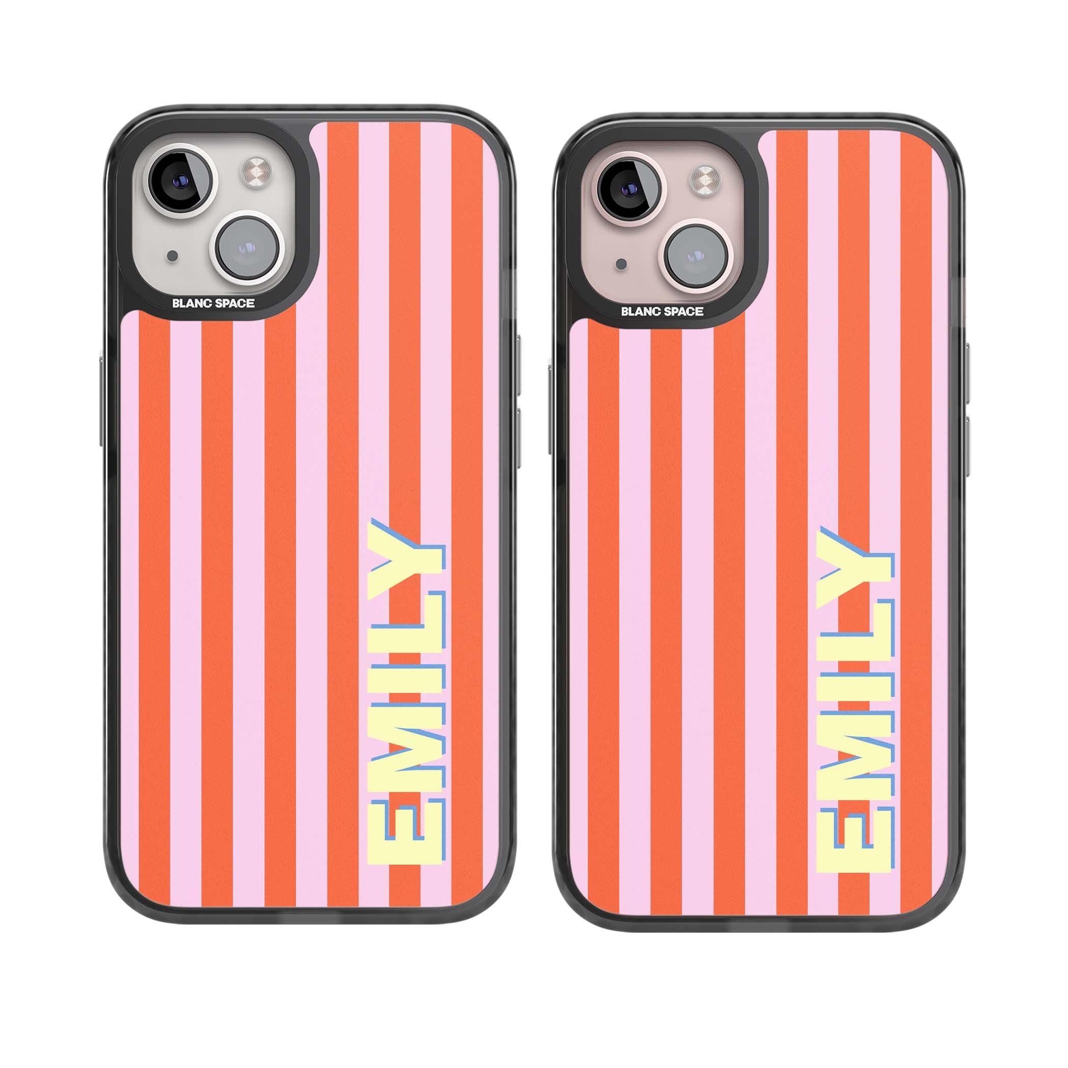 Havana Stripe personalised iPhone case featuring pink and orange vertical stripes with a custom yellow name | Black Impact case for iPhone 13, iPhone 14, iPhone 15