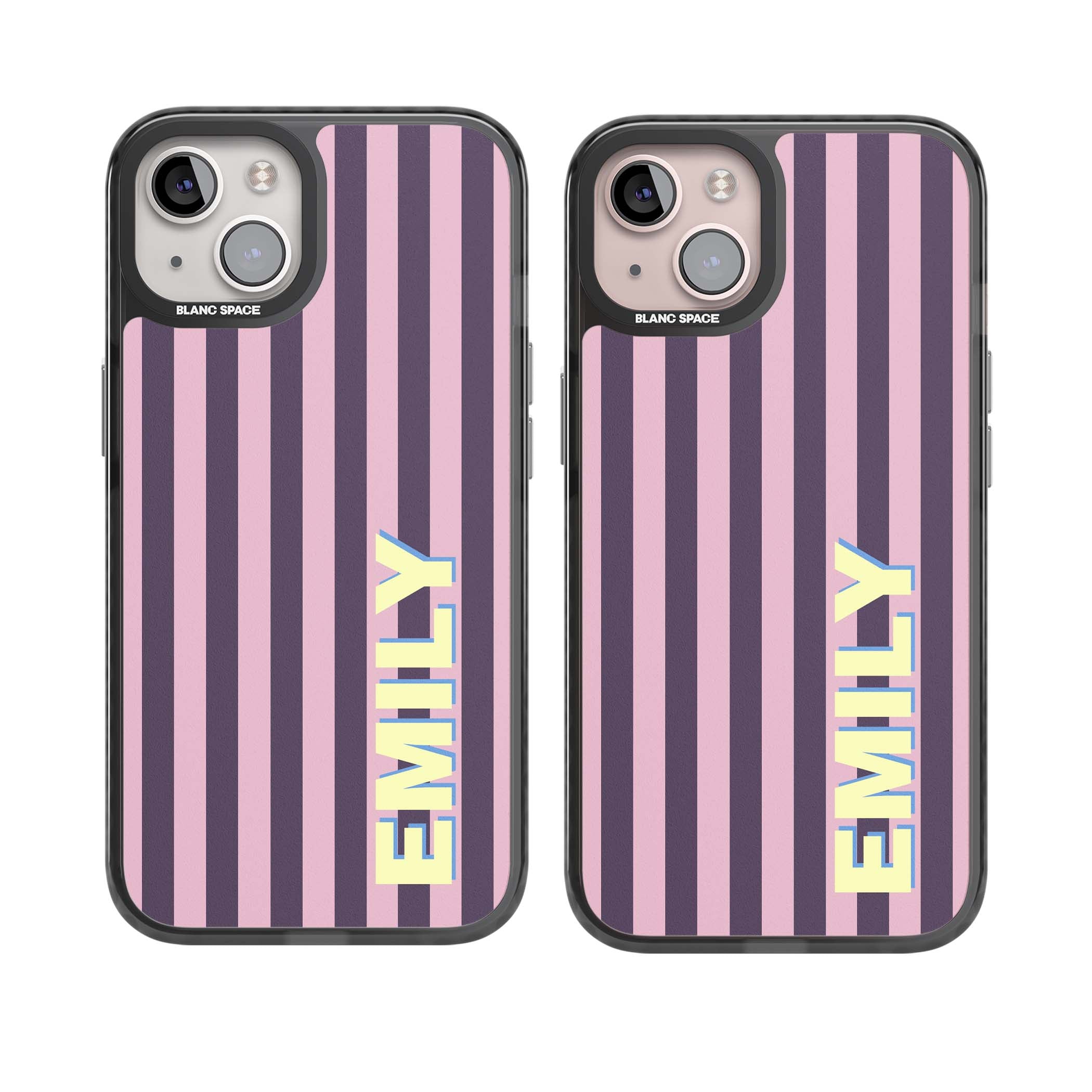 Tyre Stripe personalised stripe iPhone case with plum and pink vertical stripes and custom yellow name | Black Impact case for iPhone 13, iPhone 14, iPhone 15