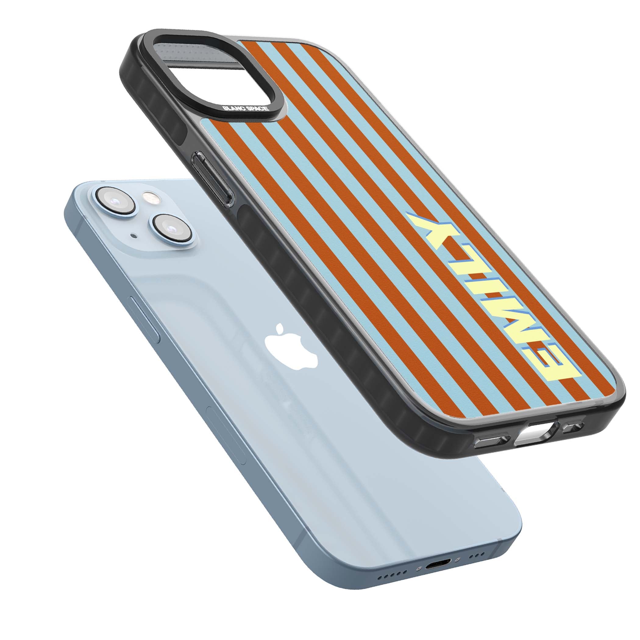 Cappadocia Stripe personalised coastal iPhone case featuring blue and orange vertical stripes with custom cream name | Black Impact case for iPhone 13, iPhone 14, iPhone 15