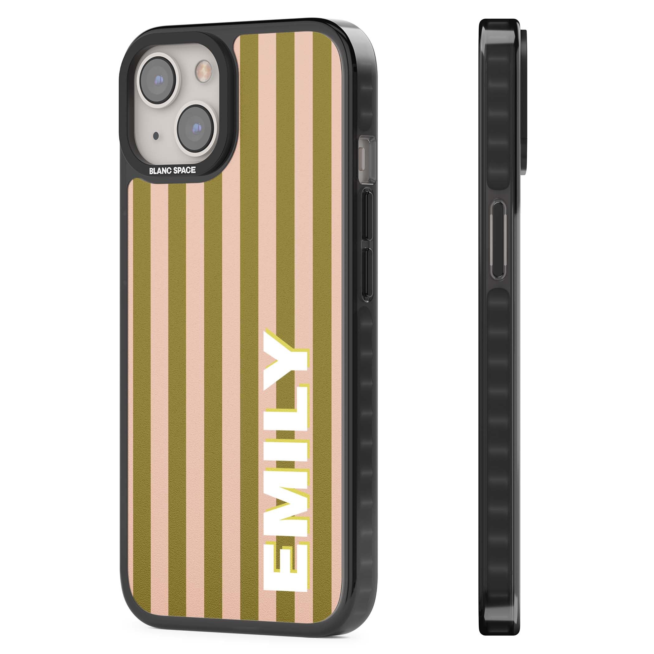 Indian Stripe personalised iPhone case featuring olive green and blush pink vertical stripes with custom name in whit | Black Impact case for iPhone 13, iPhone 14, iPhone 15