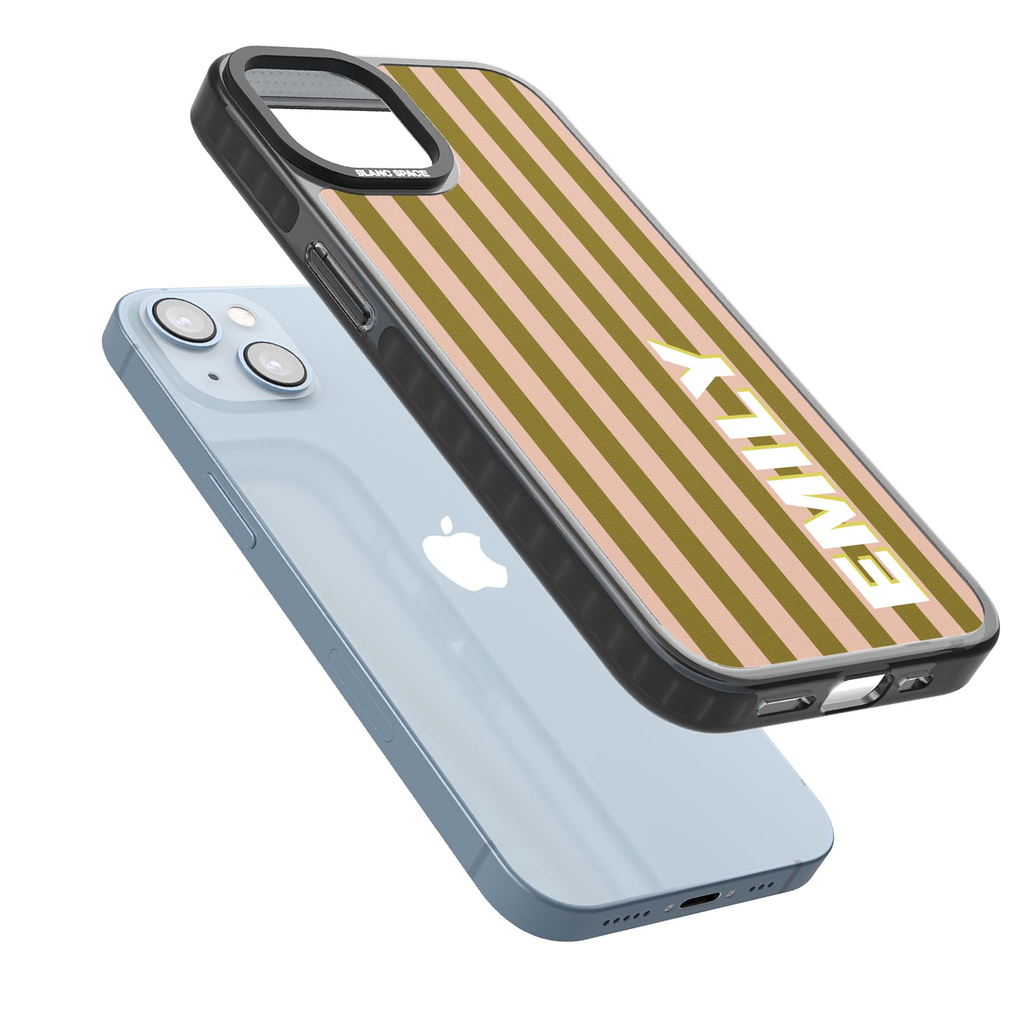 Indian Stripe personalised iPhone case featuring olive green and blush pink vertical stripes with custom name in whit | Black Impact case for iPhone 13, iPhone 14, iPhone 15