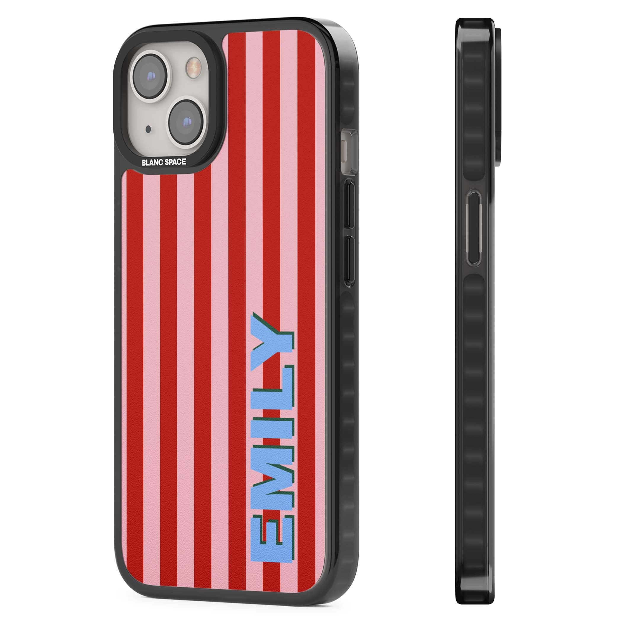 Market Stripe personalised iPhone case with red and pink vertical stripes and custom blue name | Black Impact case for iPhone 13, iPhone 14, iPhone 15