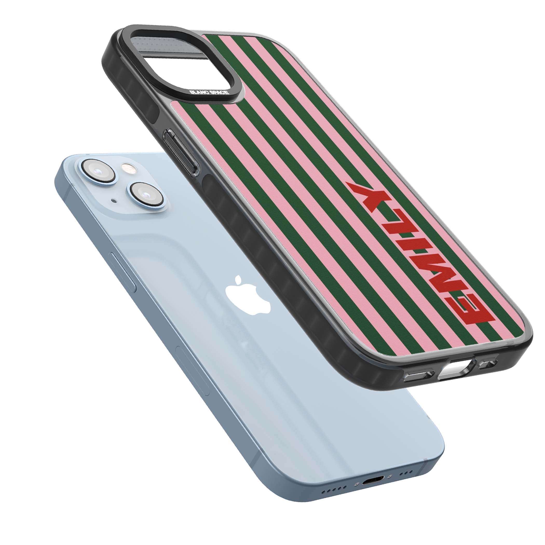 Italian Stripe preppy iPhone case featuring pink and green vertical stripes with personalised red name | Black Impact case for iPhone 13, iPhone 14, iPhone 15