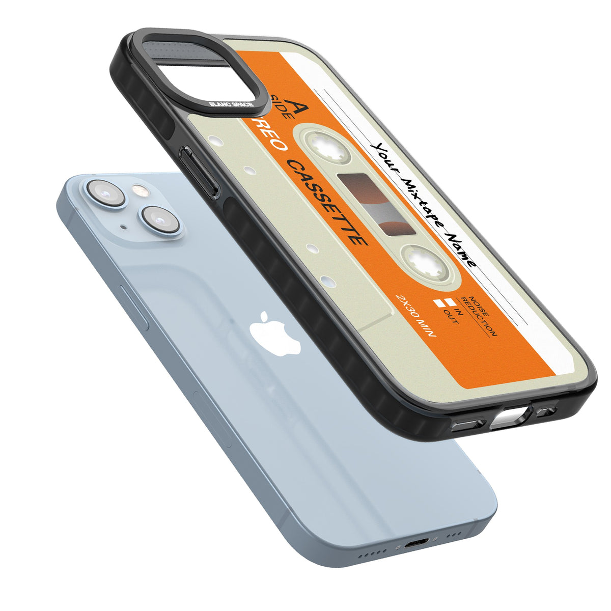 Personalised Retro Cassette Classic iPhone 12 / 12 Pro / iPhone 13 / iPhone 14 / iPhone 14 Plus / iPhone 15 / iPhone 15 Plus Impact Black Phone Case angled