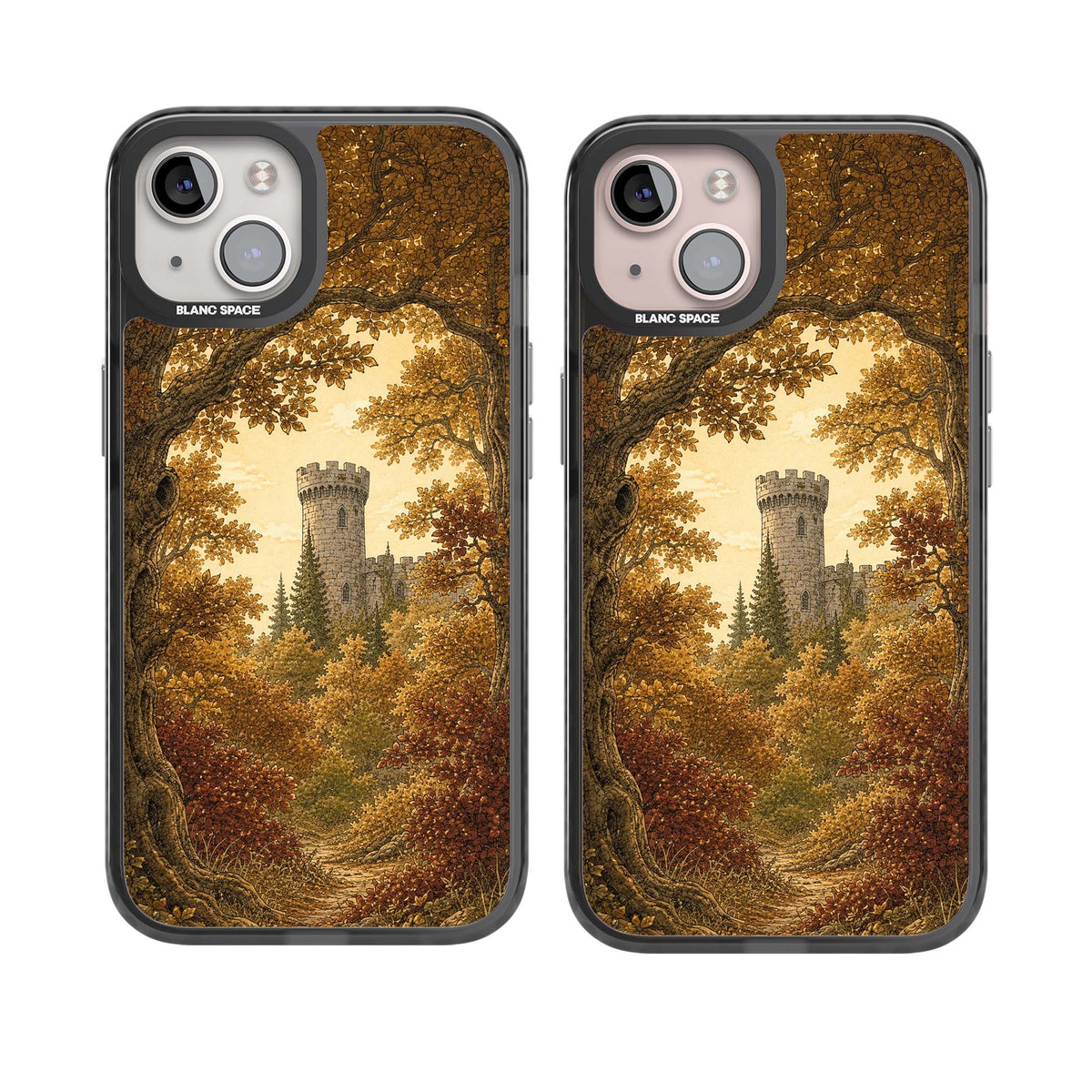 Autumn Keep cottagecore iPhone case featuring a medieval castle tower framed by golden autumn trees and woodland foliage | Black Impact case for iPhone 13, iPhone 14, iPhone 15
