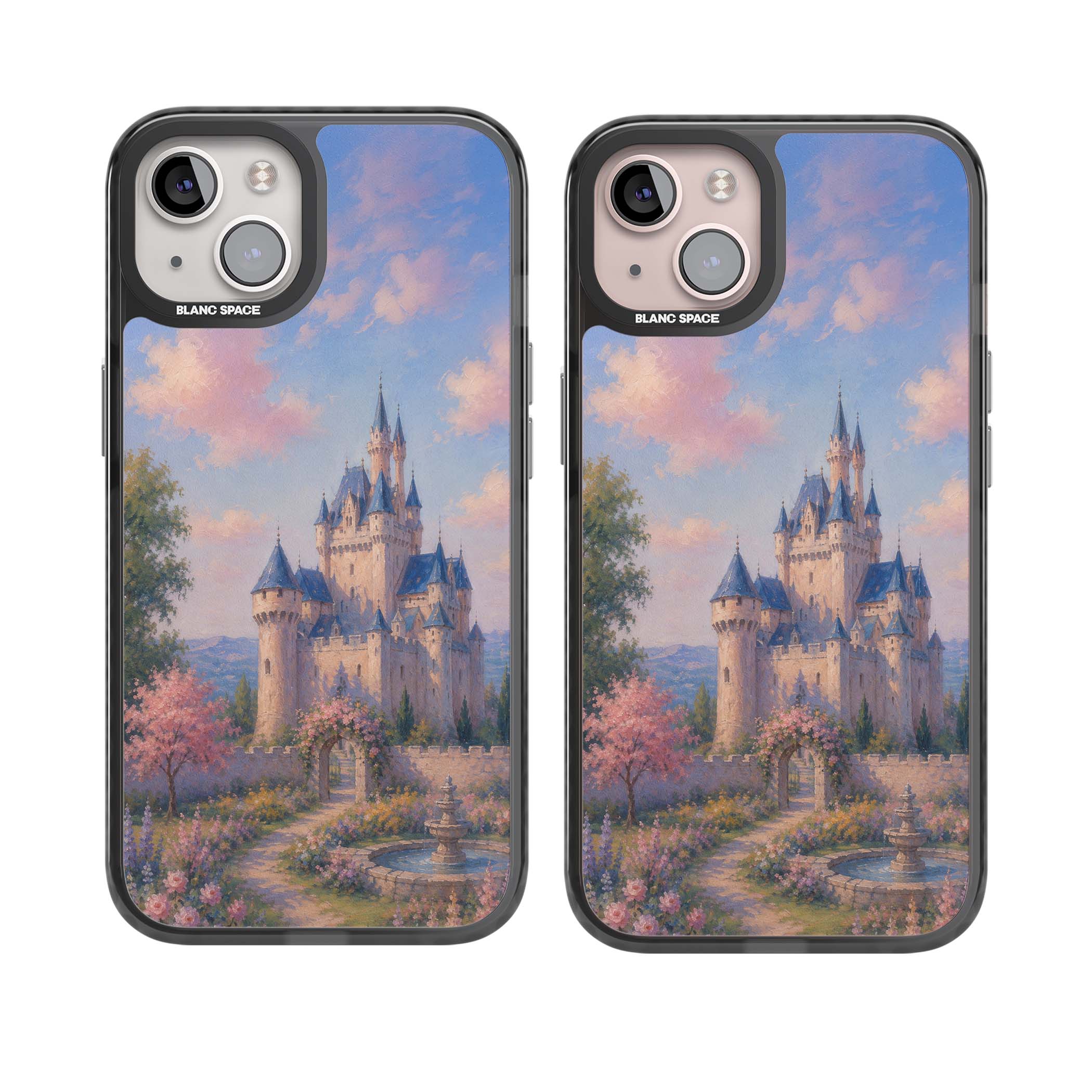 Enchanted Kingdom fairytale iPhone case featuring a romantic castle painting with cherry blossoms and pastel pink sky | Black Impact case for iPhone 13, iPhone 14, iPhone 15