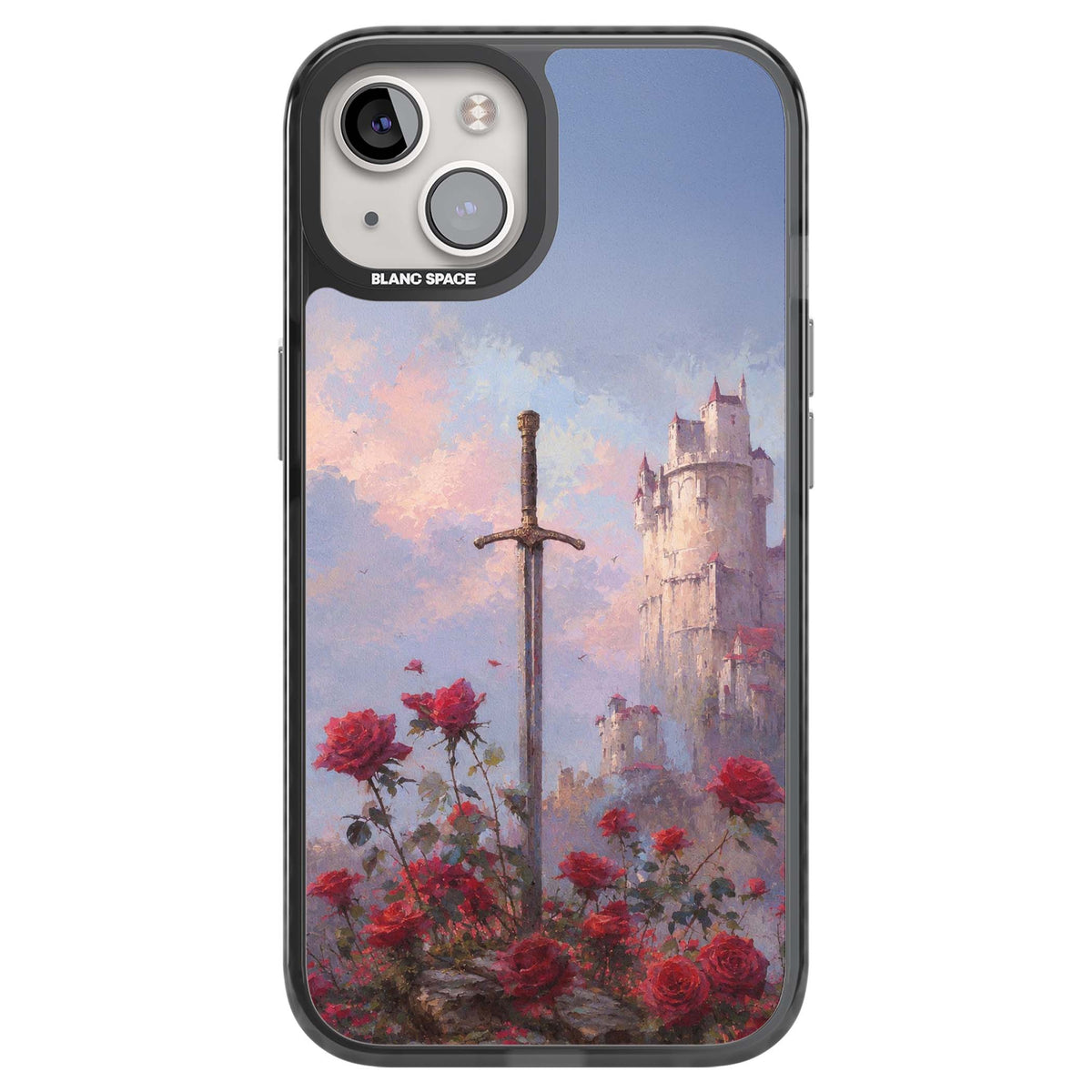 Sword in Roses medieval art iPhone case featuring a sword, red roses, and a misty fairytale castle at sunset | Black Impact case for iPhone 13, iPhone 14, iPhone 15