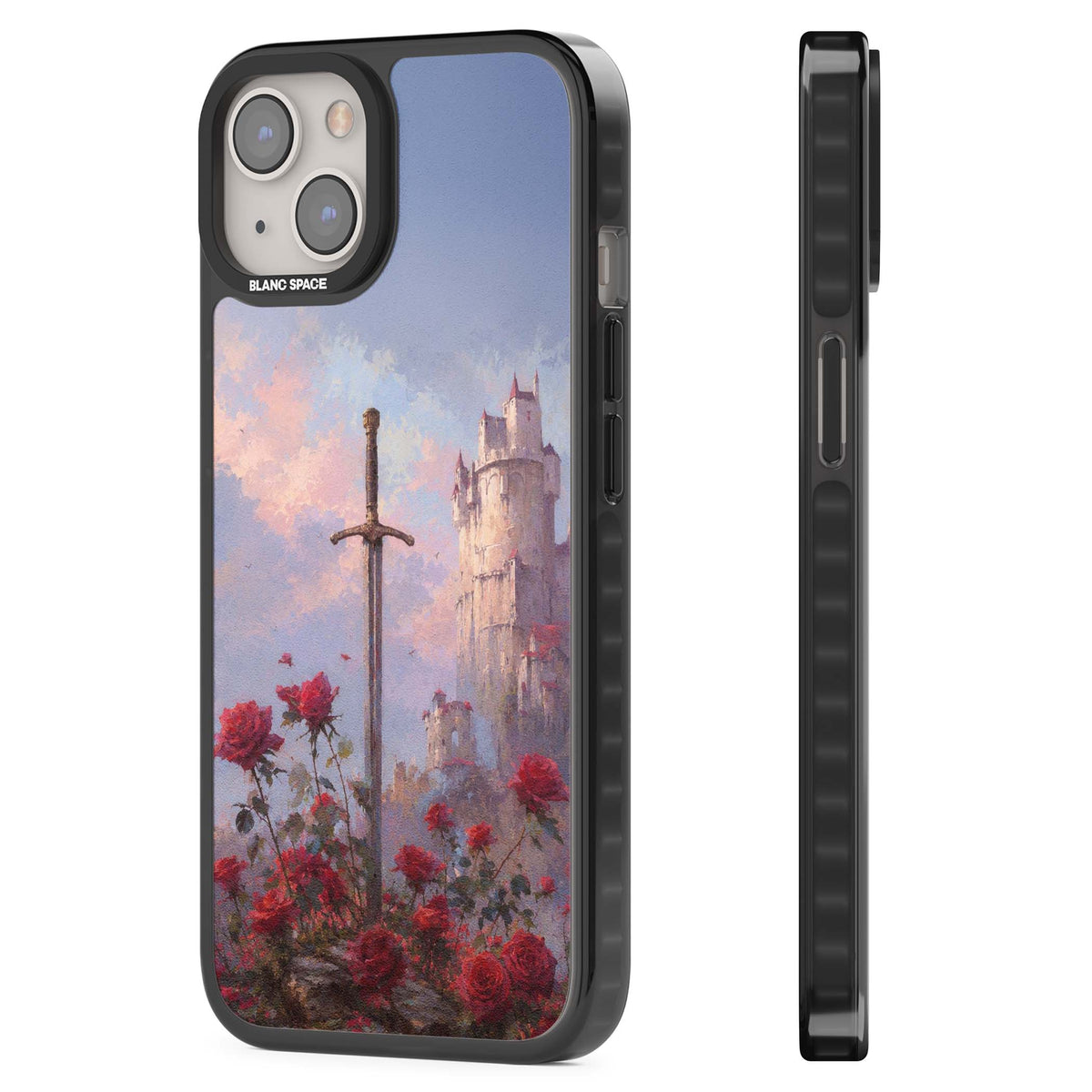 Sword in Roses medieval art iPhone case featuring a sword, red roses, and a misty fairytale castle at sunset | Black Impact case for iPhone 13, iPhone 14, iPhone 15