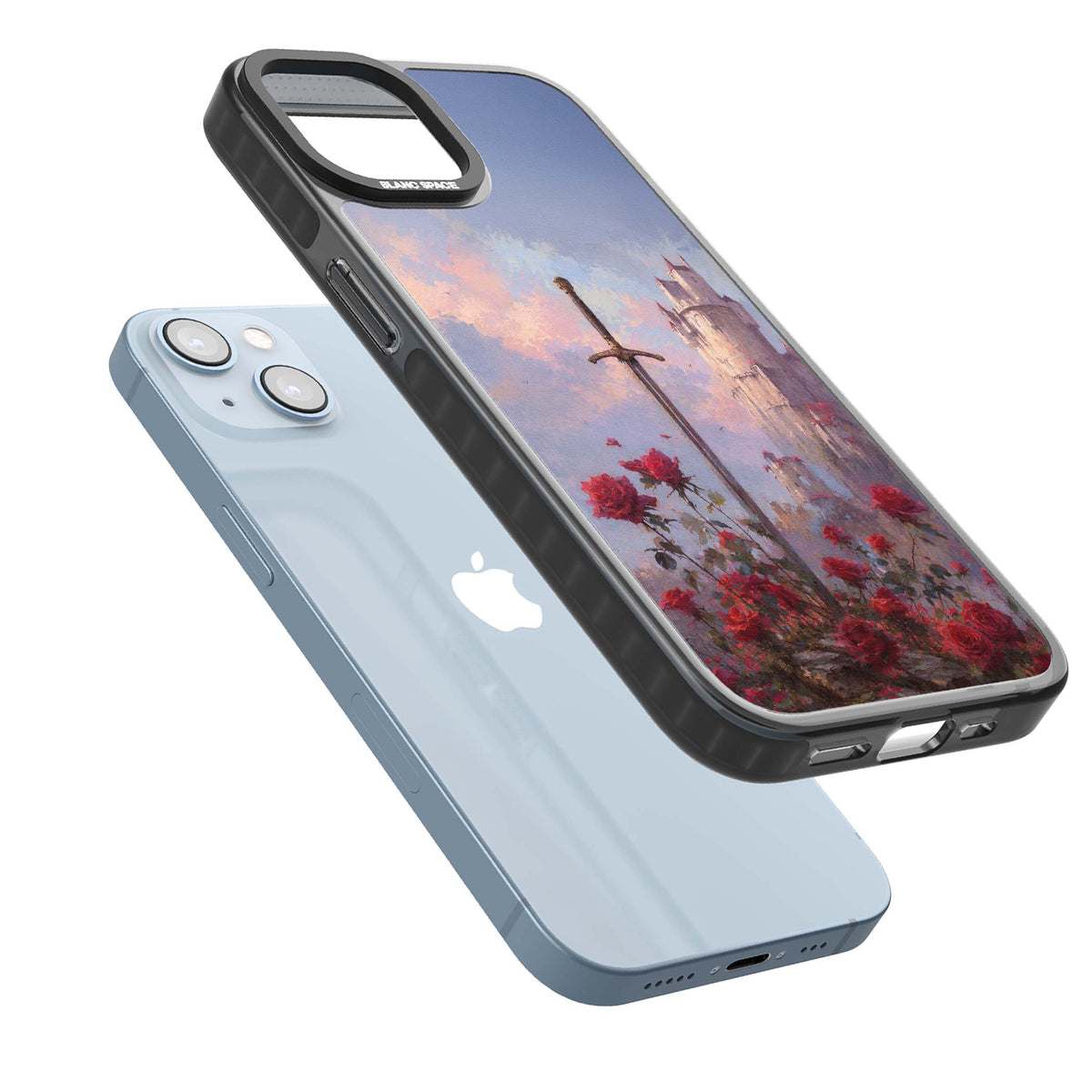 Sword in Roses medieval art iPhone case featuring a sword, red roses, and a misty fairytale castle at sunset | Black Impact case for iPhone 13, iPhone 14, iPhone 15