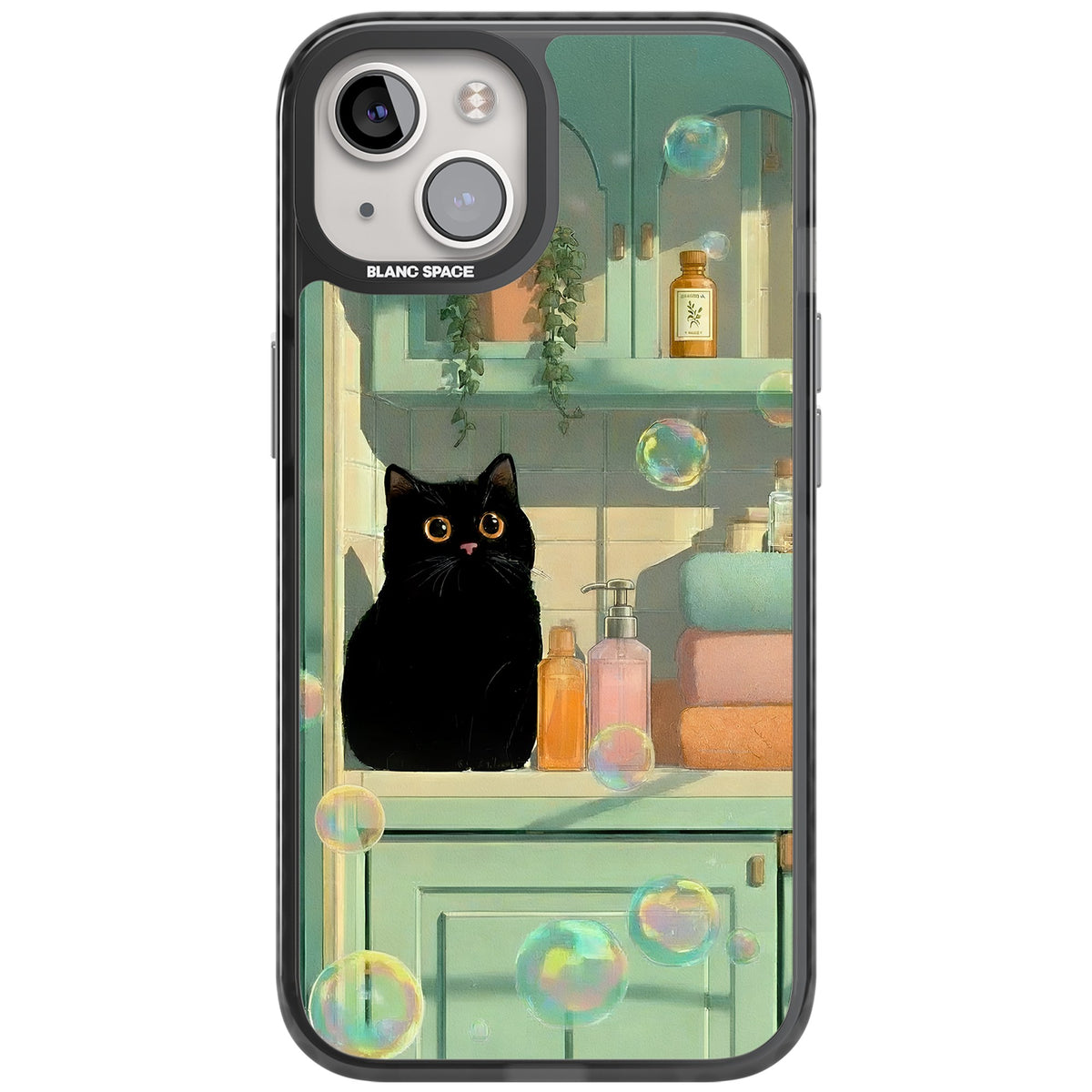 Bathroom Bubble Kitty iPhone 12 / 12 Pro / iPhone 13 / iPhone 14 / iPhone 14 Plus / iPhone 15 / iPhone 15 Plus Impact Black Phone Case front