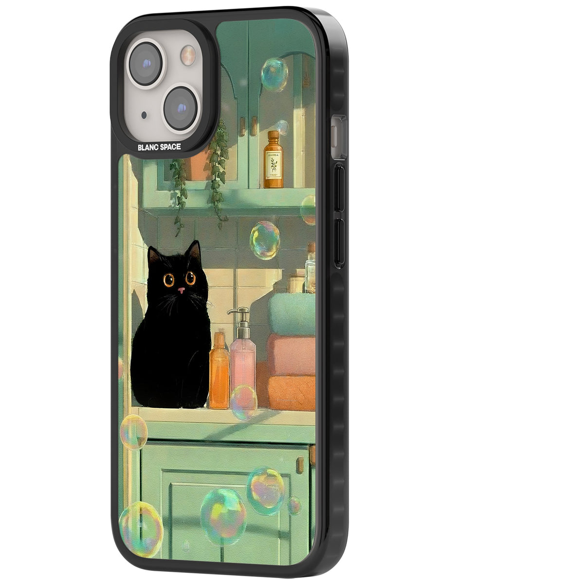 Bathroom Bubble Kitty iPhone 12 / 12 Pro / iPhone 13 / iPhone 14 / iPhone 14 Plus / iPhone 15 / iPhone 15 Plus Impact Black Phone Case side
