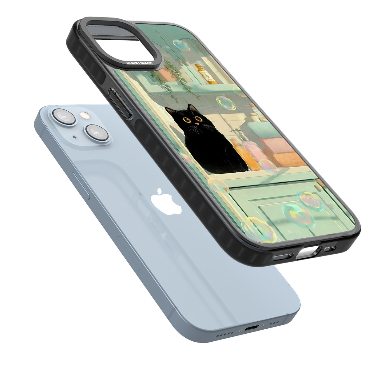 Bathroom Bubble Kitty iPhone 12 / 12 Pro / iPhone 13 / iPhone 14 / iPhone 14 Plus / iPhone 15 / iPhone 15 Plus Impact Black Phone Case angled