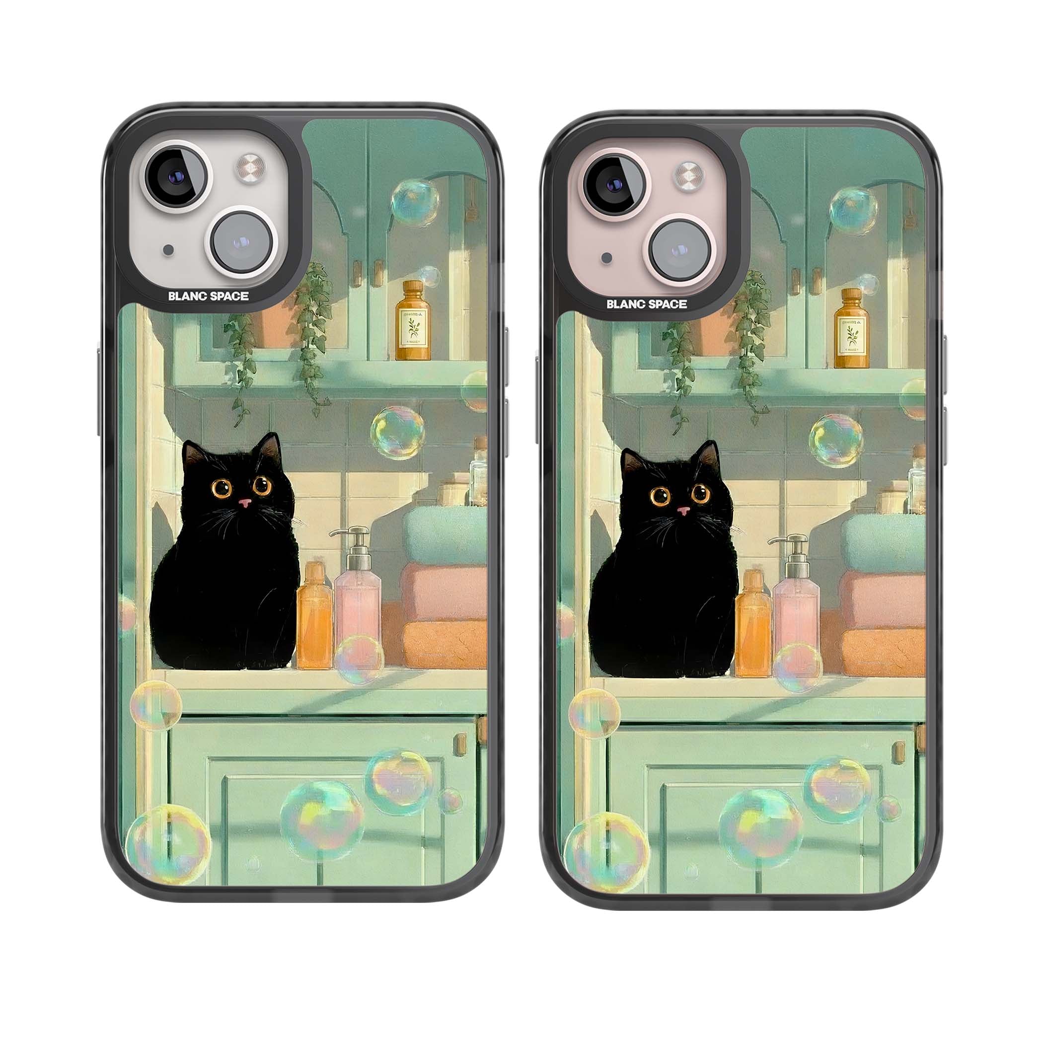 Bathroom Bubble Kitty cottagecore iPhone case featuring a black cat, mint bathroom scene and floating soap bubbles | Black Impact case for iPhone 13, iPhone 14, iPhone 15