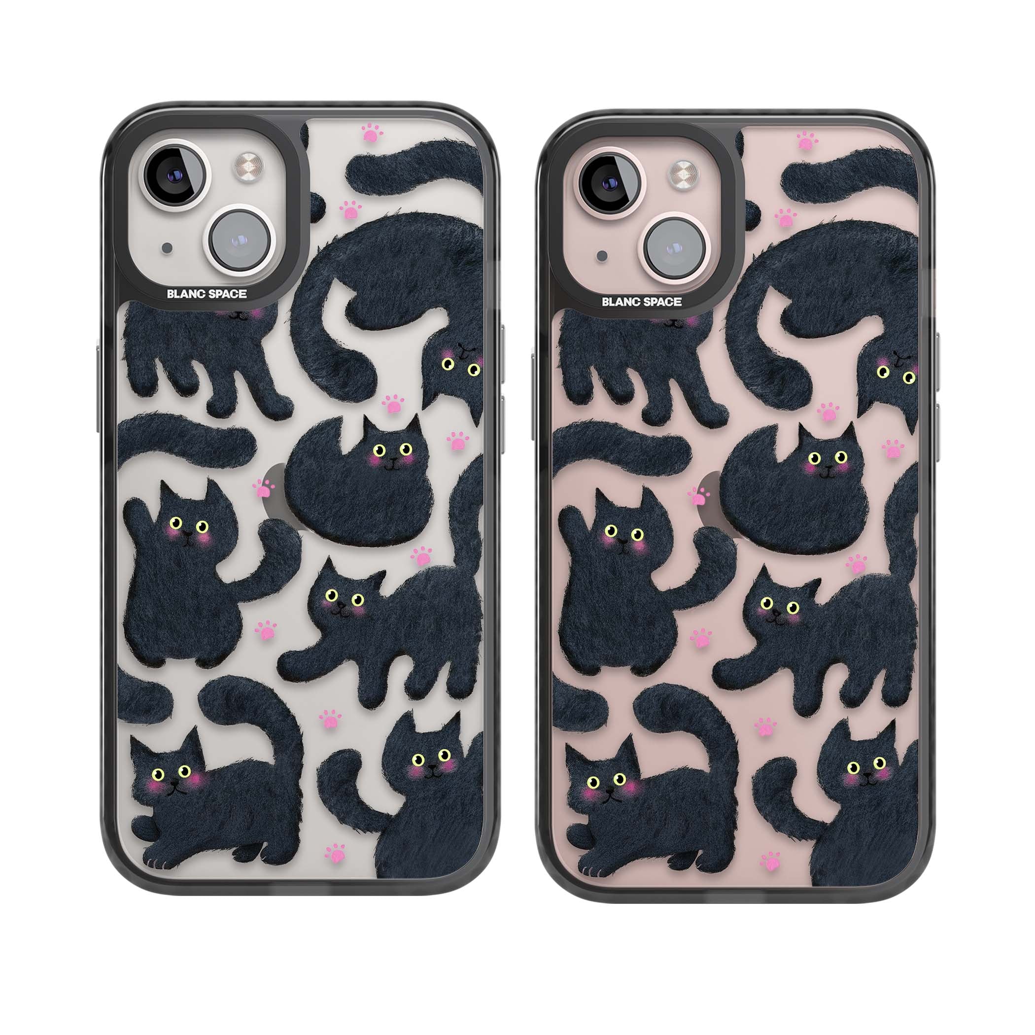 Midnight Cats cute iPhone case featuring black cat pattern with yellow eyes and pink paw prints | Black Impact case for iPhone 13, iPhone 14, iPhone 15