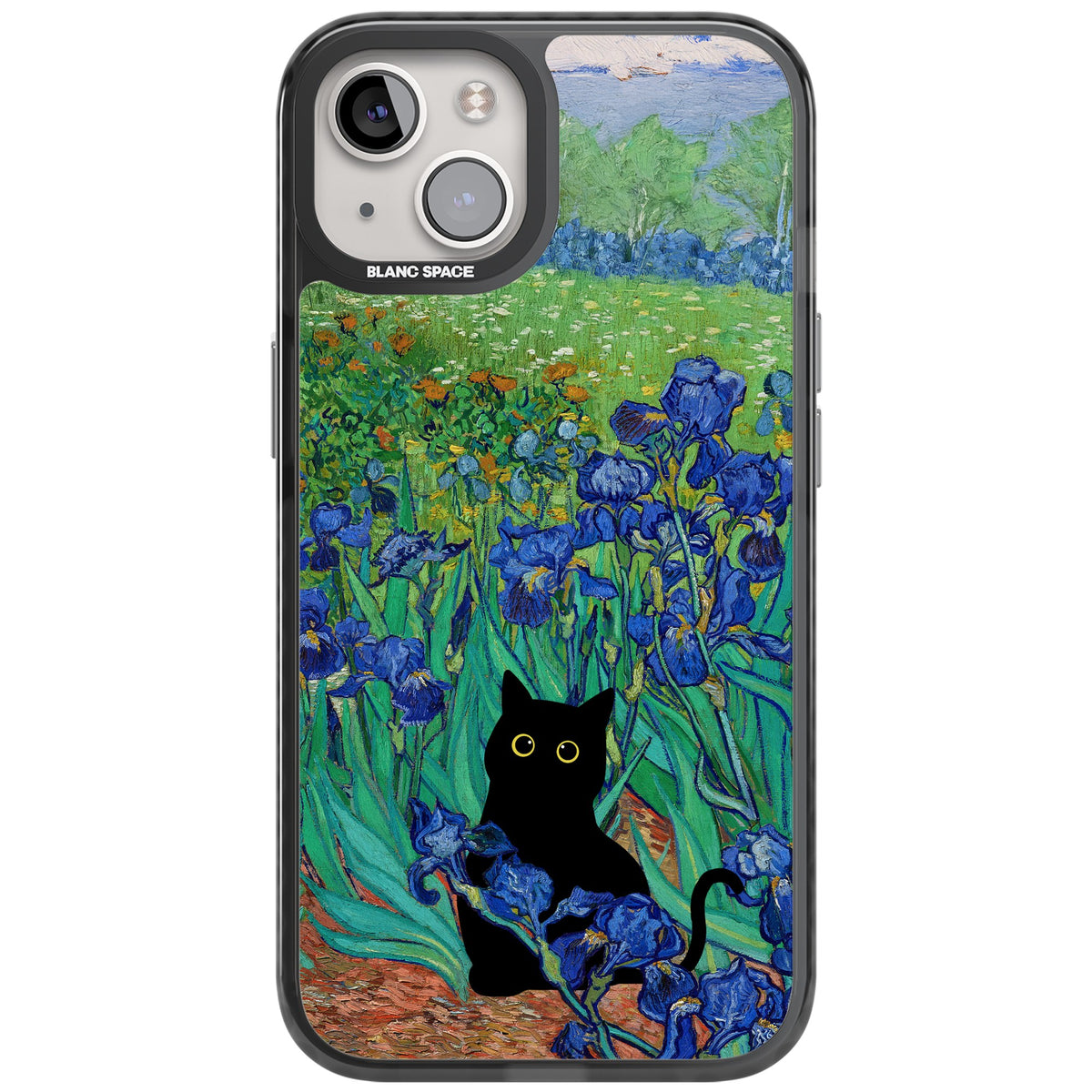 Cat in Van Gogh's Irises iPhone 12 / 12 Pro / iPhone 13 / iPhone 14 / iPhone 14 Plus / iPhone 15 / iPhone 15 Plus Impact Black Phone Case front