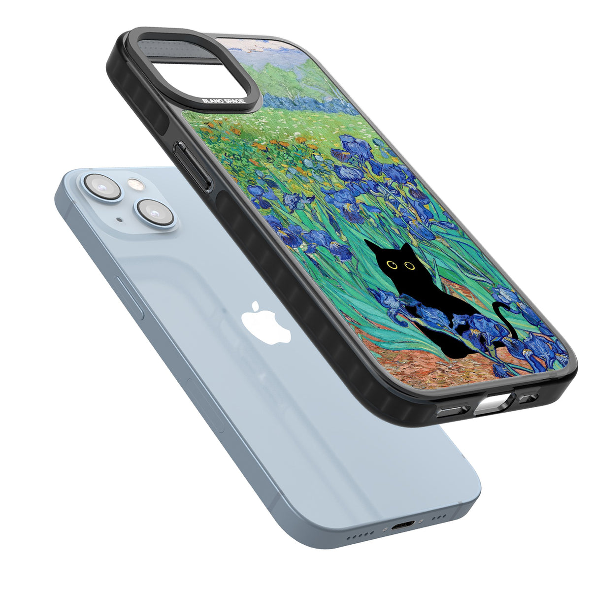 Cat in Van Gogh's Irises iPhone 12 / 12 Pro / iPhone 13 / iPhone 14 / iPhone 14 Plus / iPhone 15 / iPhone 15 Plus Impact Black Phone Case angled