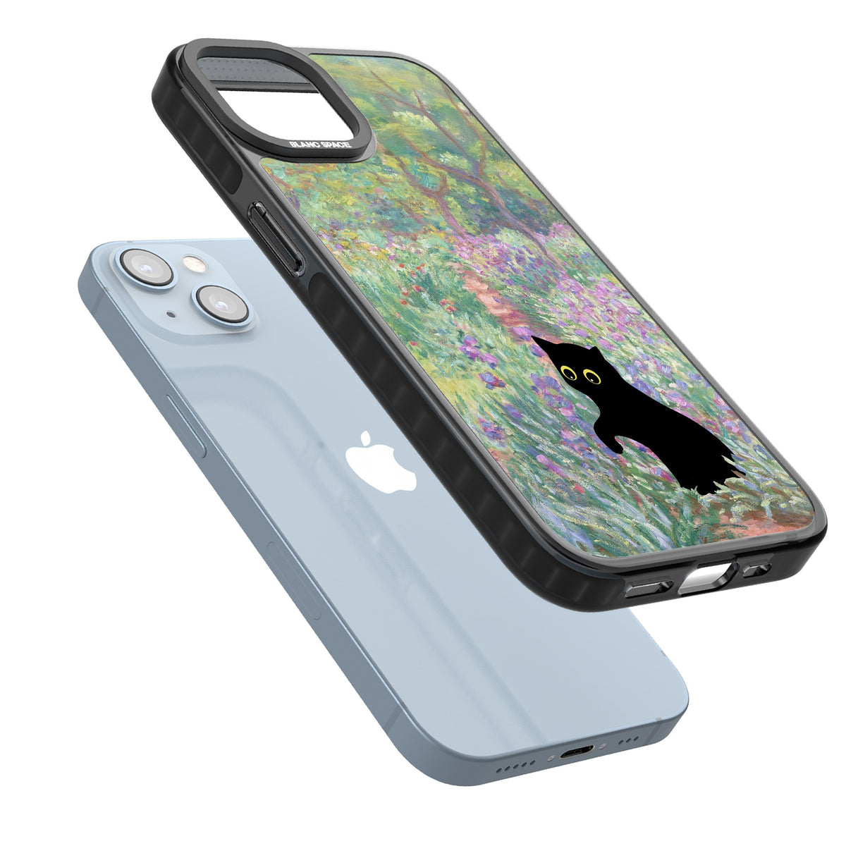 Cat in Monet's Giverny Garden iPhone 12 / 12 Pro / iPhone 13 / iPhone 14 / iPhone 14 Plus / iPhone 15 / iPhone 15 Plus Impact Black Phone Case angled