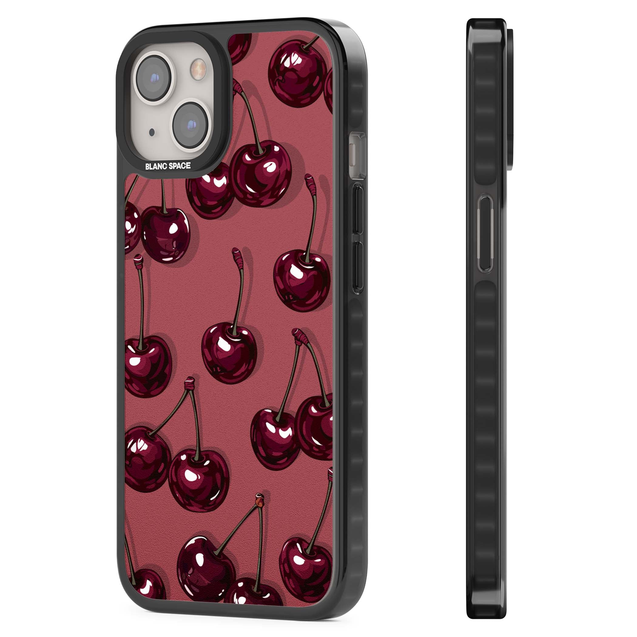 Cherry Rebel coquette iPhone case featuring glossy burgundy cherries on a dusty rose background | Black Impact case for iPhone 13, iPhone 14, iPhone 15