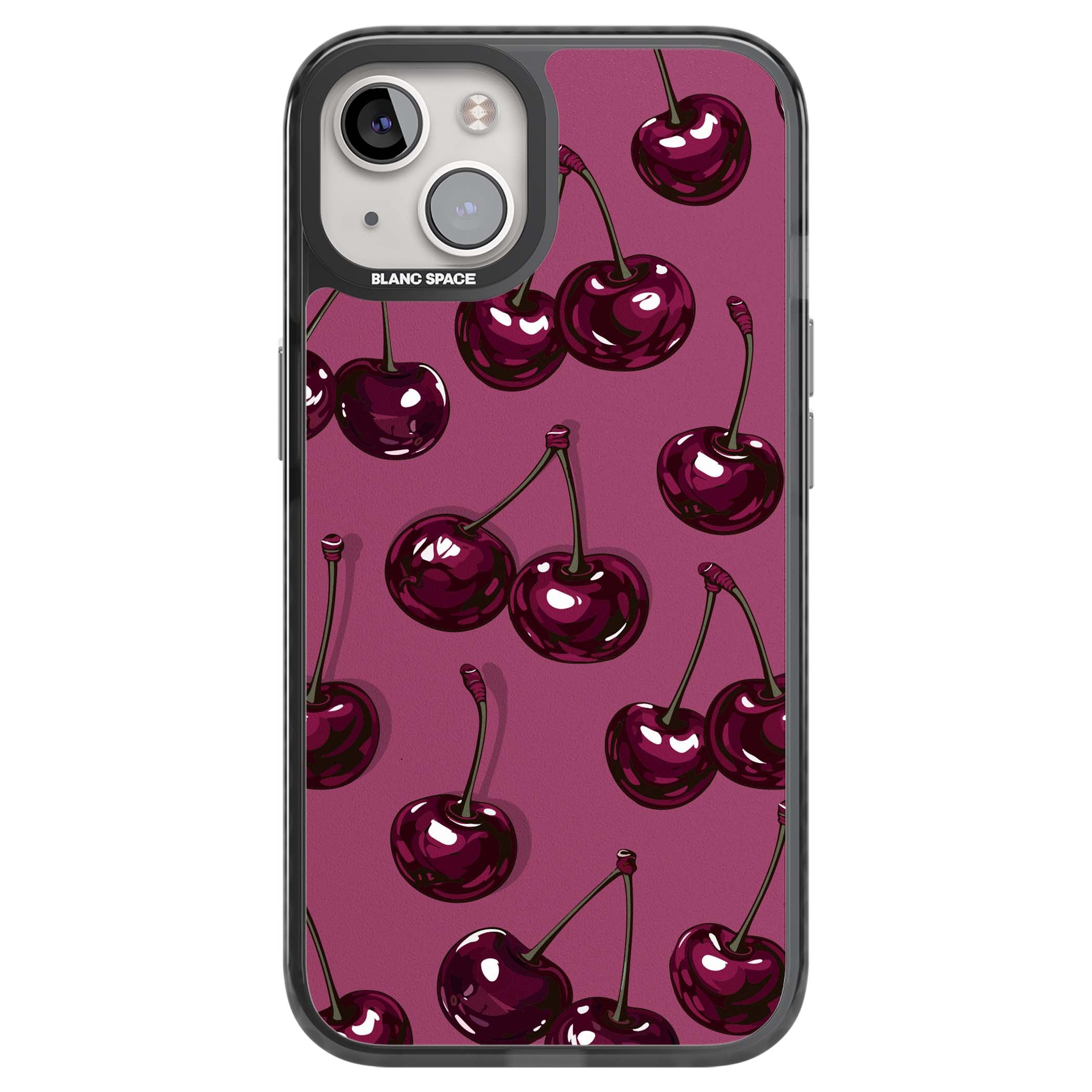 Cherry Soda coquette iPhone case featuring glossy burgundy cherries on a dusty pink background | Black Impact case for iPhone 13, iPhone 14, iPhone 15