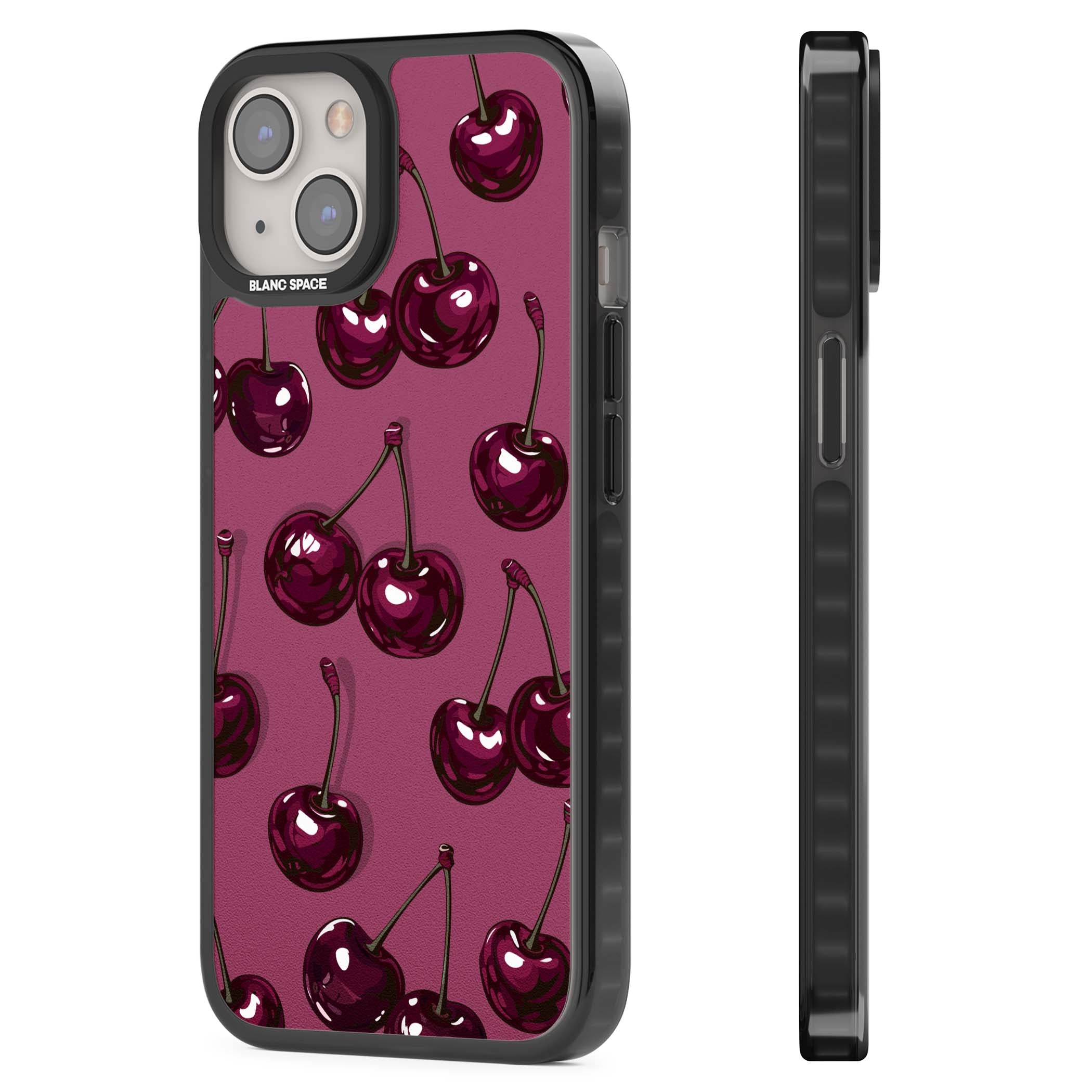 Cherry Soda coquette iPhone case featuring glossy burgundy cherries on a dusty pink background | Black Impact case for iPhone 13, iPhone 14, iPhone 15