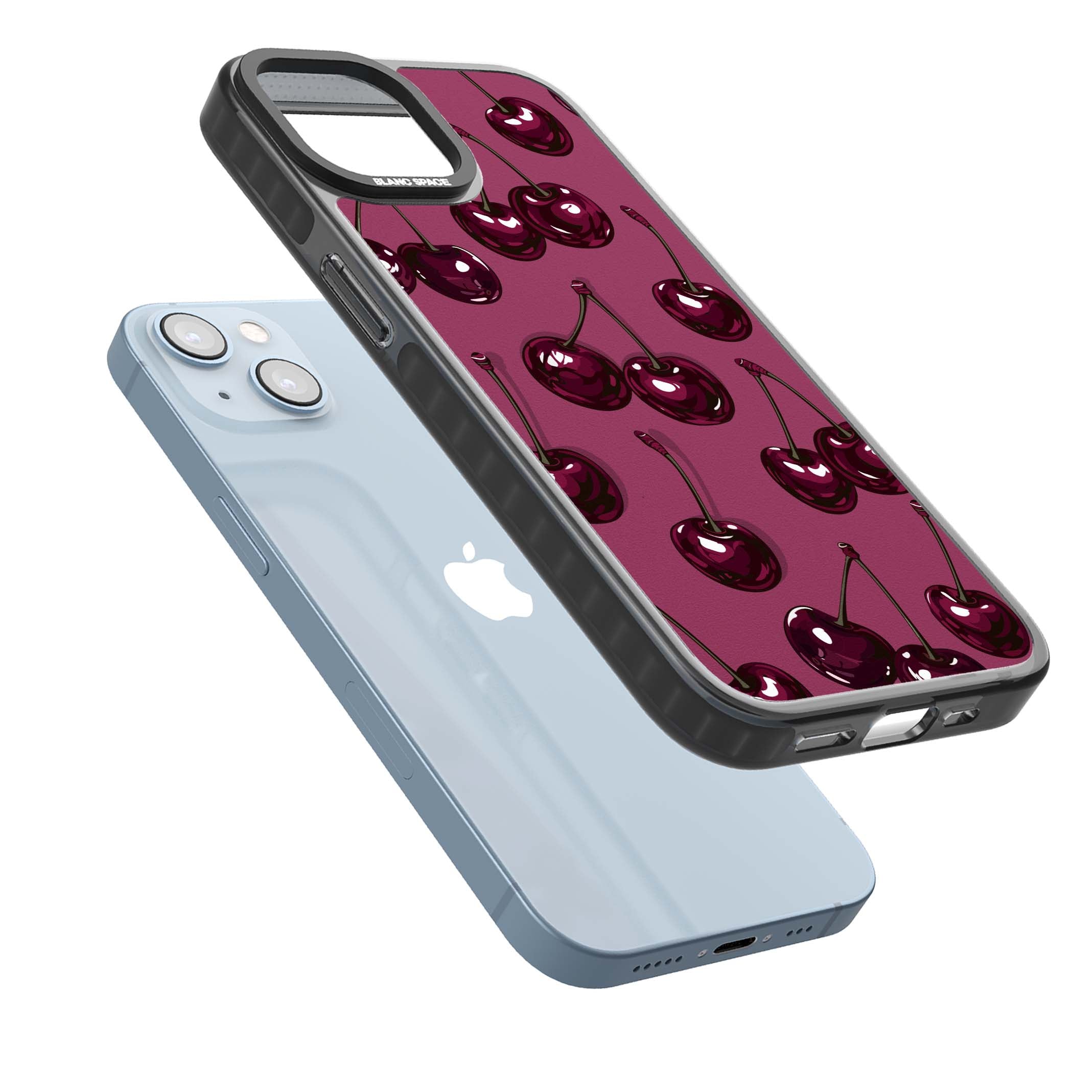 Cherry Soda coquette iPhone case featuring glossy burgundy cherries on a dusty pink background | Black Impact case for iPhone 13, iPhone 14, iPhone 15
