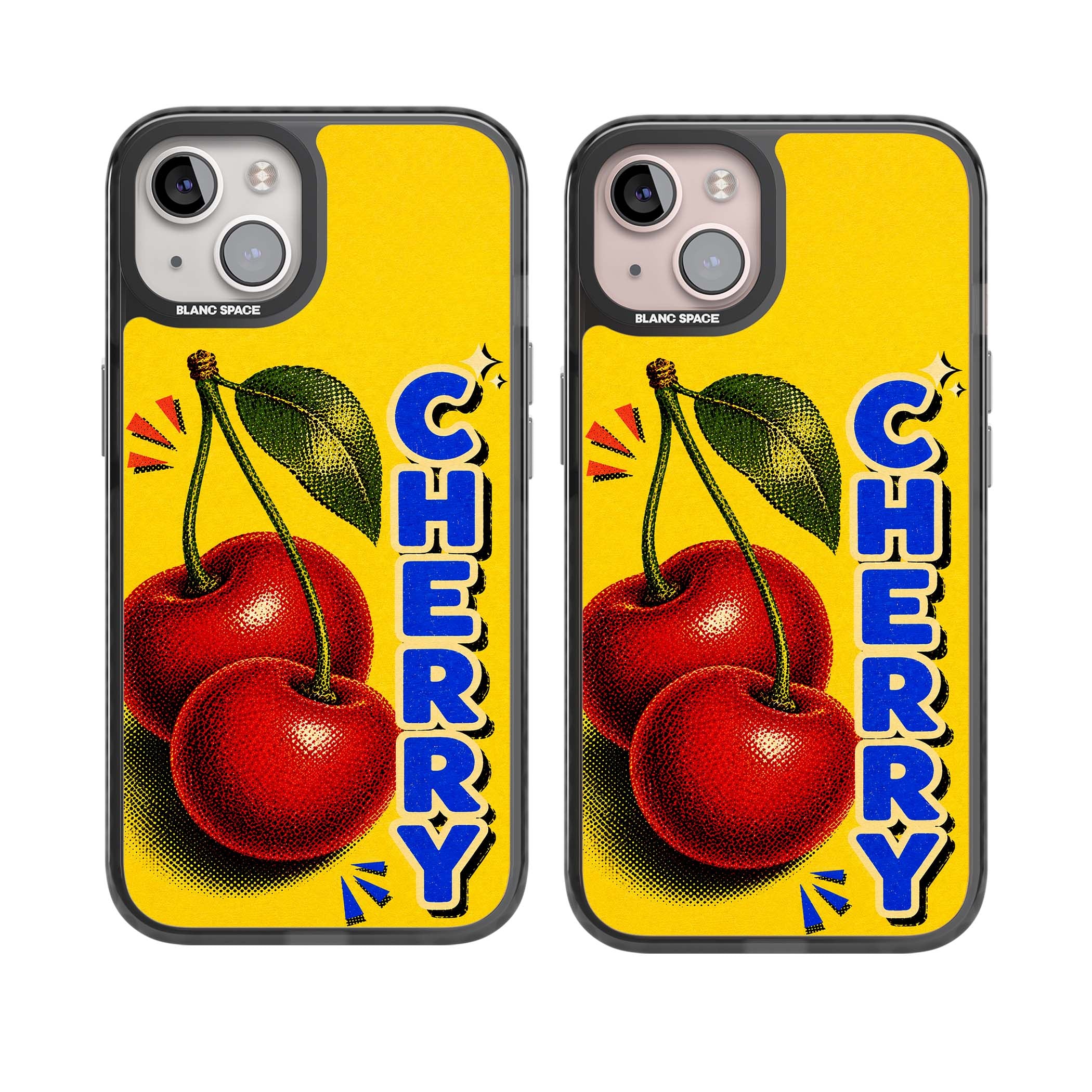 Cherry Yellow y2k iPhone case featuring two red cherries, halftone shading and bold blue CHERRY lettering on yellow | Black Impact case for iPhone 13, iPhone 14, iPhone 15