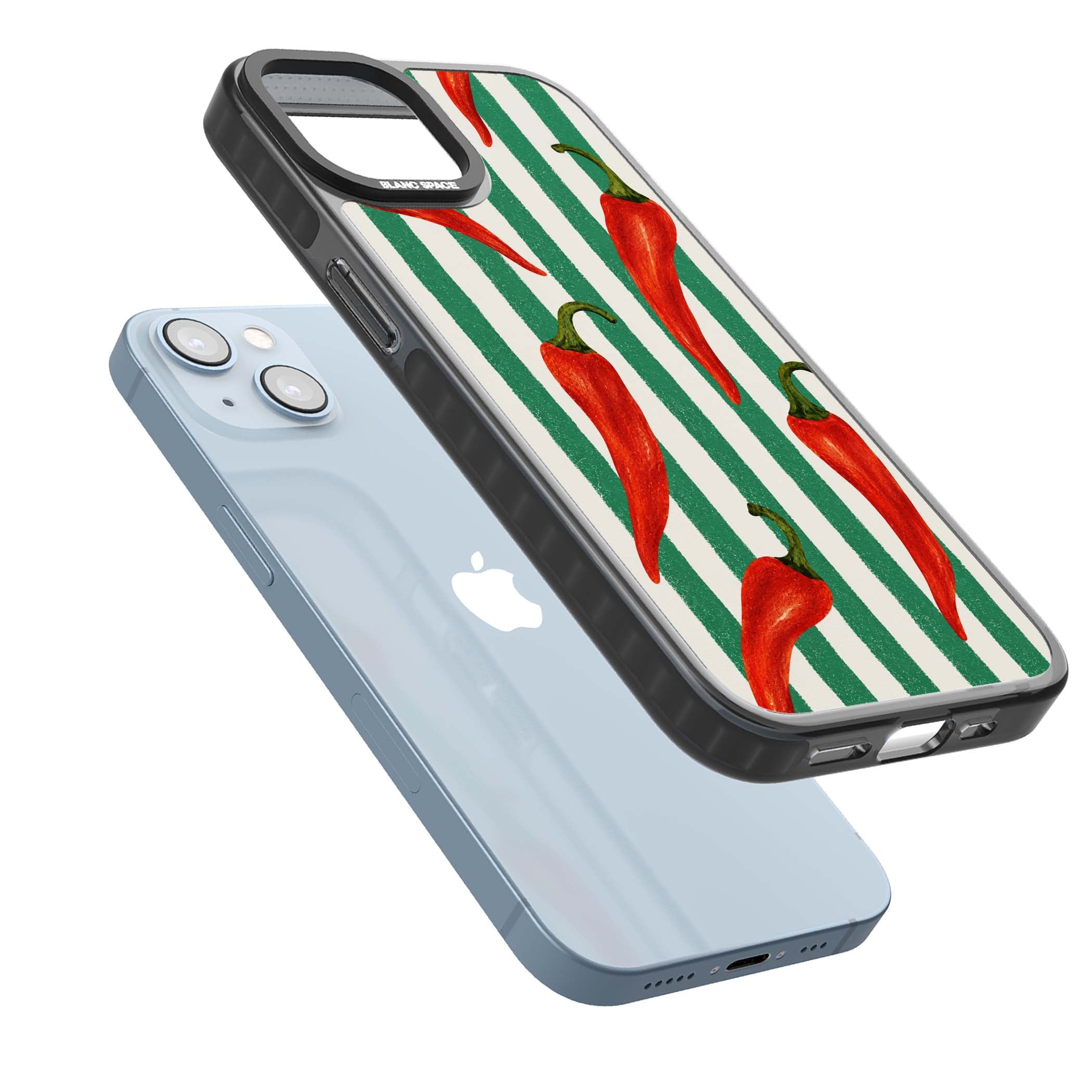 Striped Chillis coastal iPhone case featuring hand-painted red chili peppers on green and cream stripes | Black Impact case for iPhone 13, iPhone 14, iPhone 15
