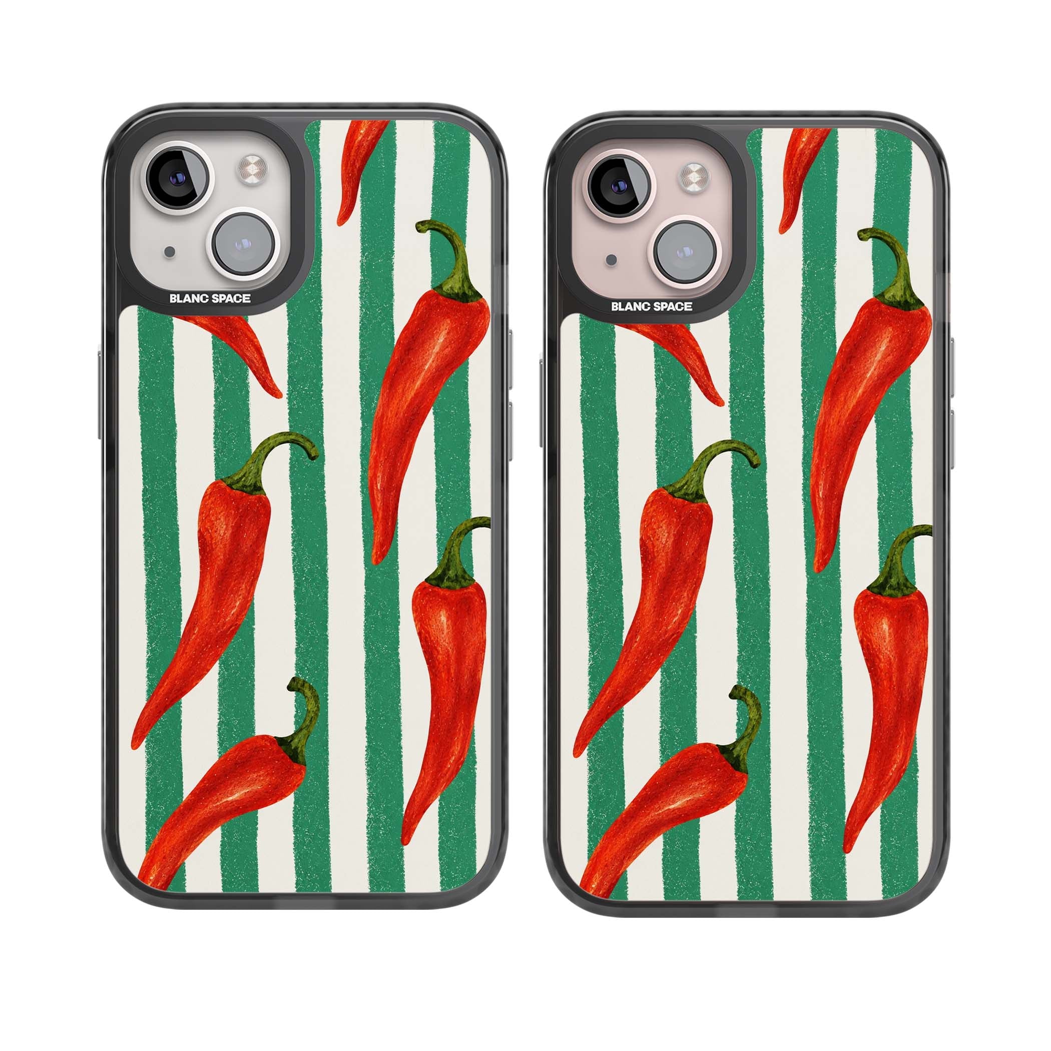 Striped Chillis coastal iPhone case featuring hand-painted red chili peppers on green and cream stripes | Black Impact case for iPhone 13, iPhone 14, iPhone 15