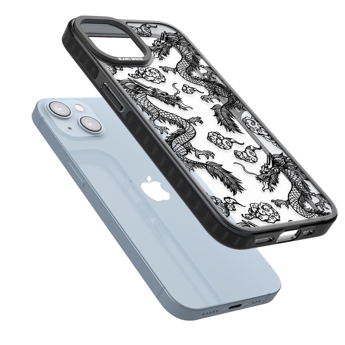 Black Dragons iPhone 12 / 12 Pro / iPhone 13 / iPhone 14 / iPhone 14 Plus / iPhone 15 / iPhone 15 Plus Impact Black Phone Case angled
