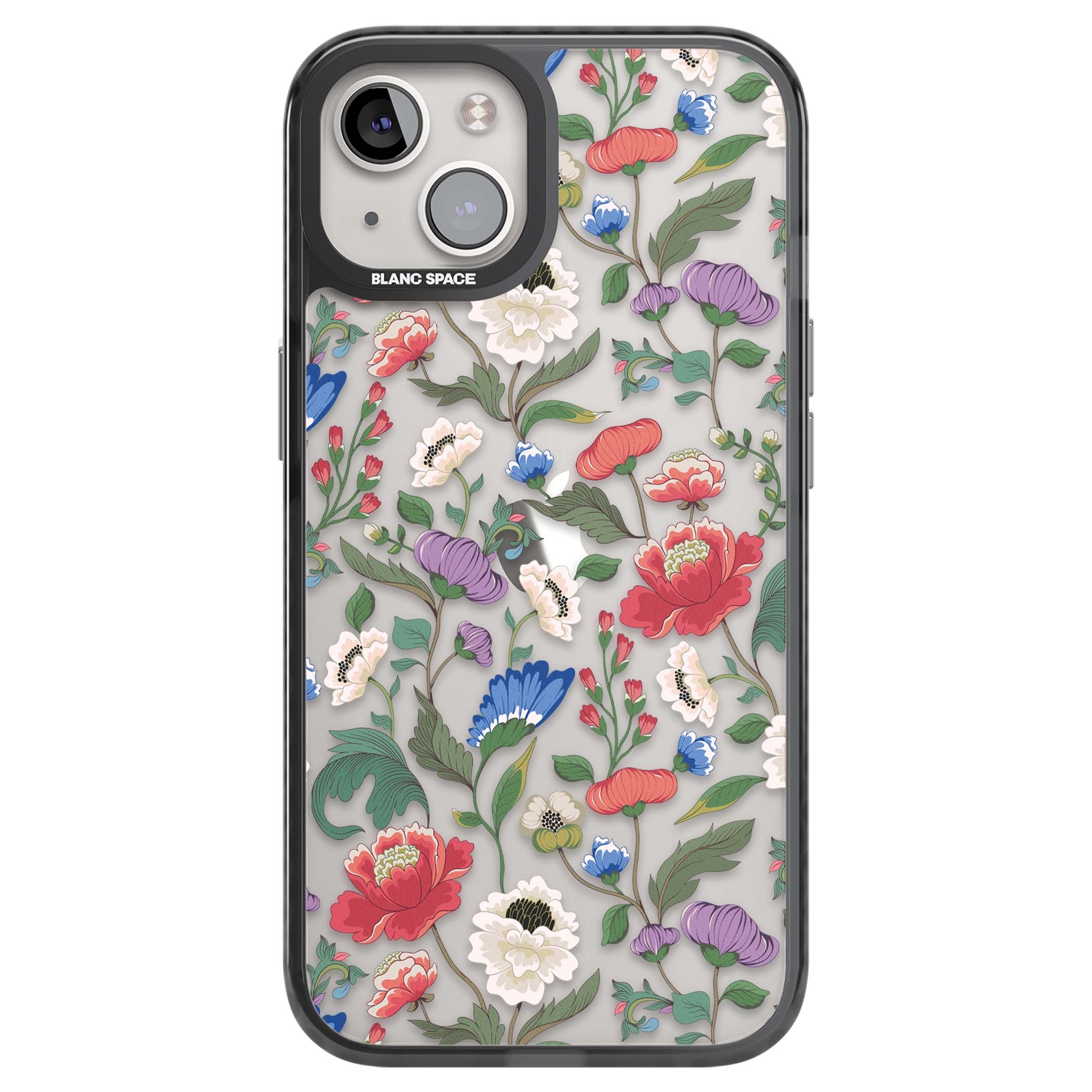 Chinoiserie Bloom vintage floral iPhone case featuring hand-painted peonies, poppies and trailing wildflowers on clear... | Black Impact case for iPhone 13, iPhone 14, iPhone 15