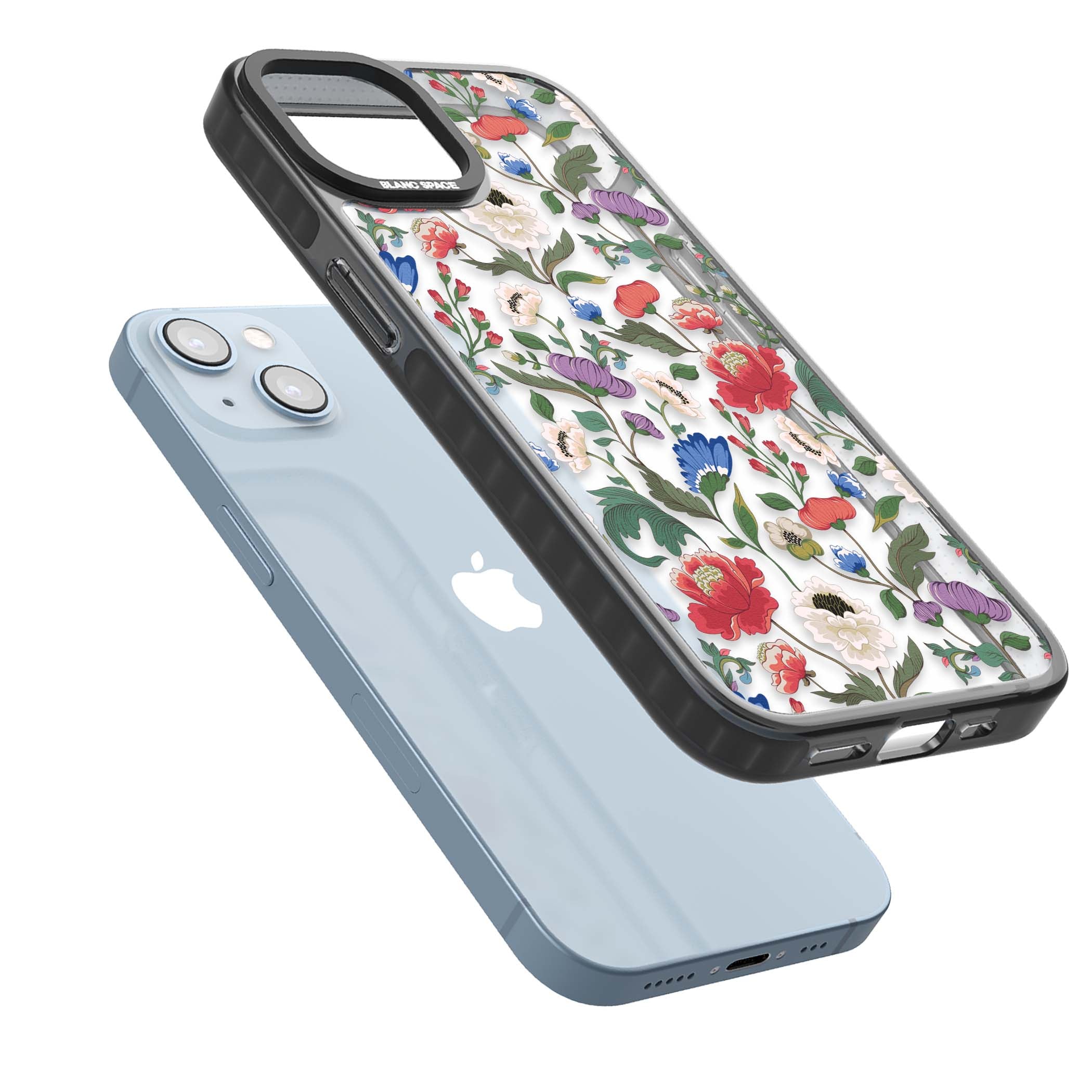 Chinoiserie Bloom vintage floral iPhone case featuring hand-painted peonies, poppies and trailing wildflowers on clear... | Black Impact case for iPhone 13, iPhone 14, iPhone 15