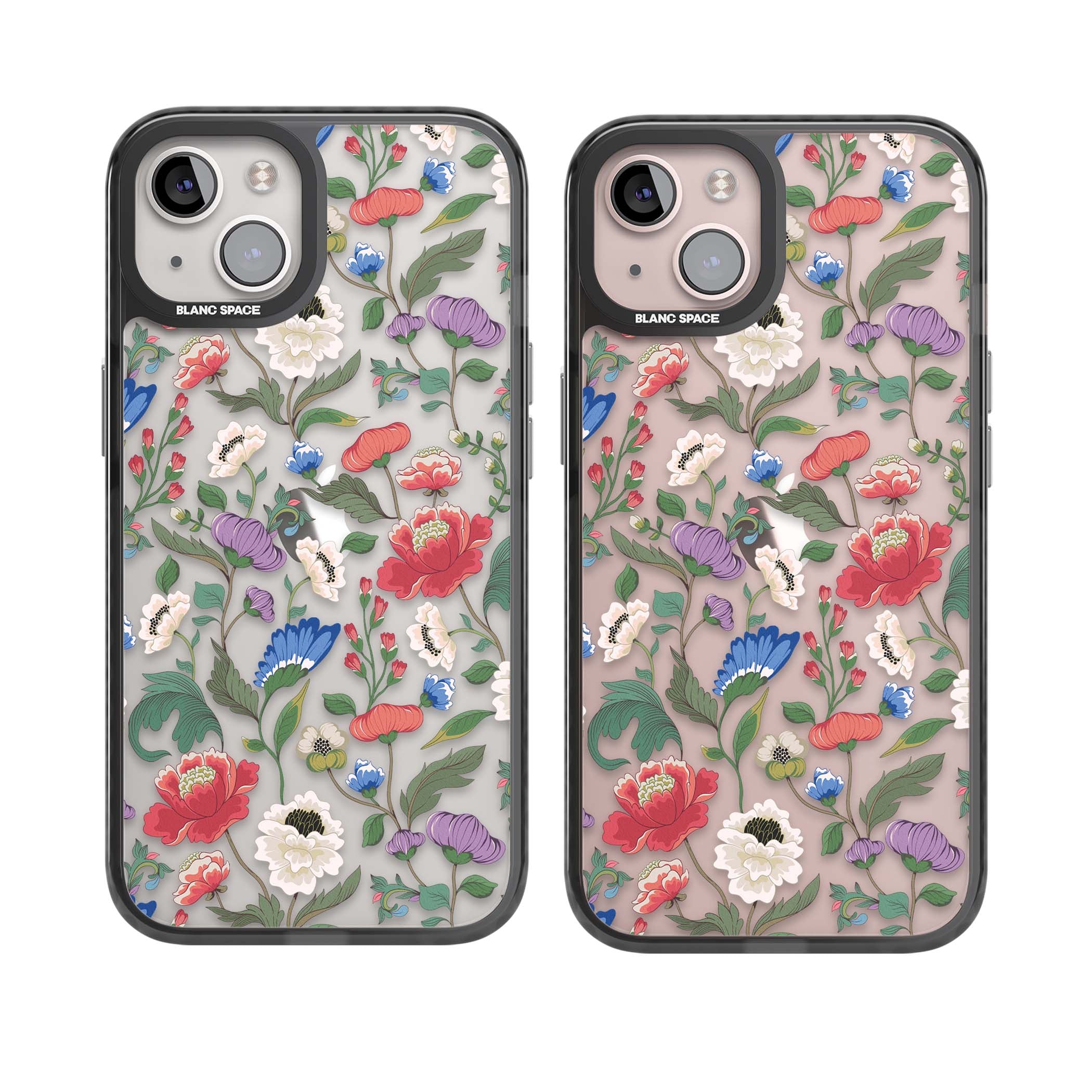 Chinoiserie Bloom vintage floral iPhone case featuring hand-painted peonies, poppies and trailing wildflowers on clear... | Black Impact case for iPhone 13, iPhone 14, iPhone 15
