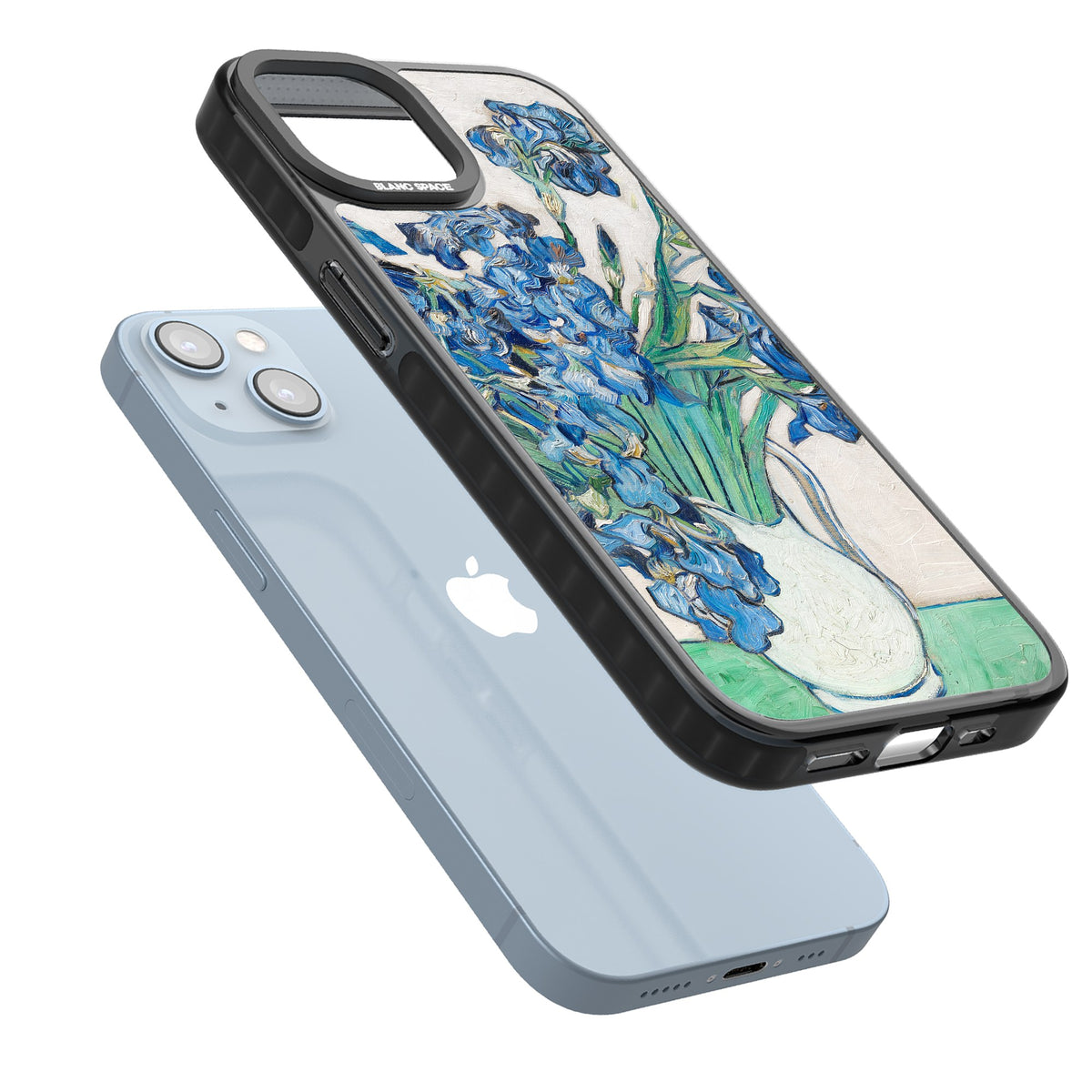 Irises By Vincent Van Gogh iPhone 12 / 12 Pro / iPhone 13 / iPhone 14 / iPhone 14 Plus / iPhone 15 / iPhone 15 Plus Impact Black Phone Case angled